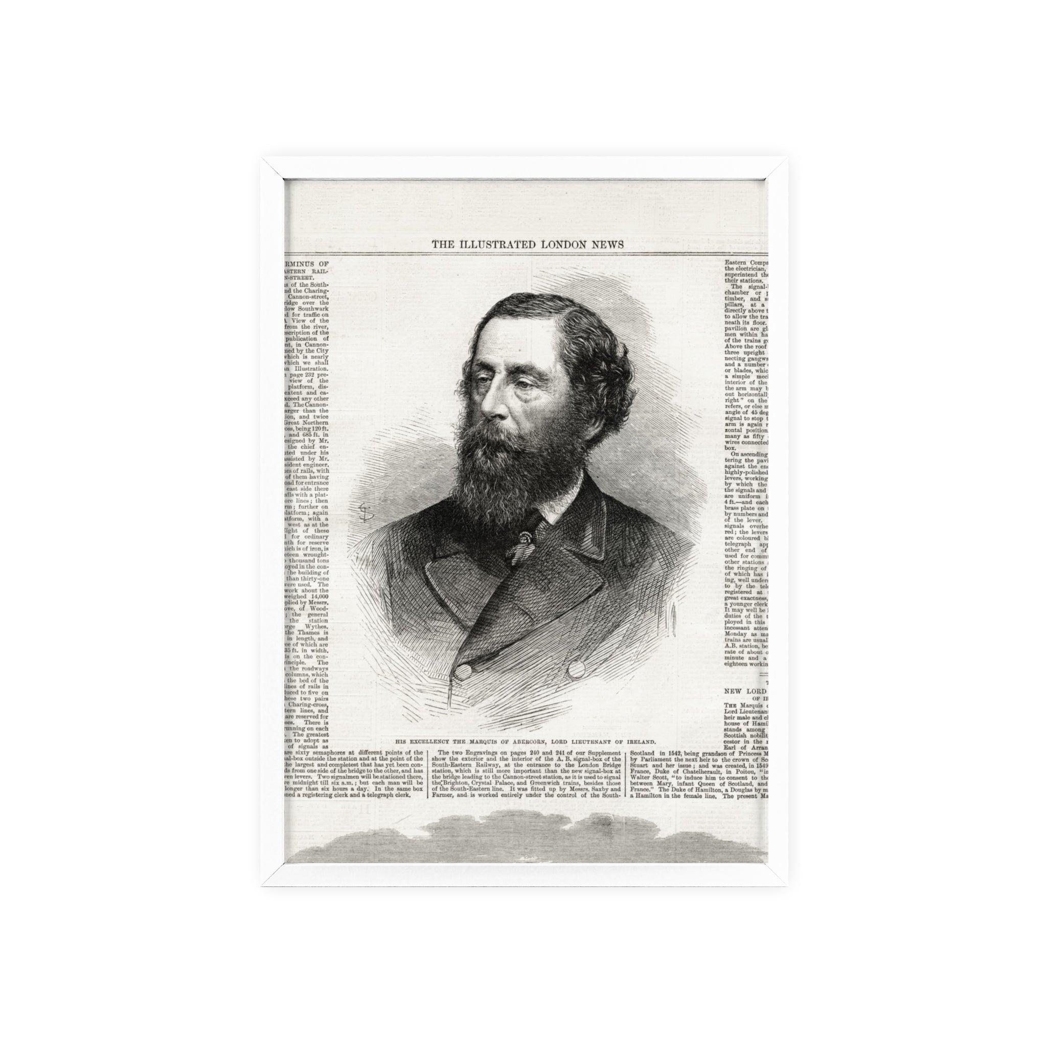 His Excellency the Marquis of Abercorn, Lord Lieutenant of Ireland. Vintage Illustrated Portrait Poster with Wooden Frame — Antique Newspaper Print