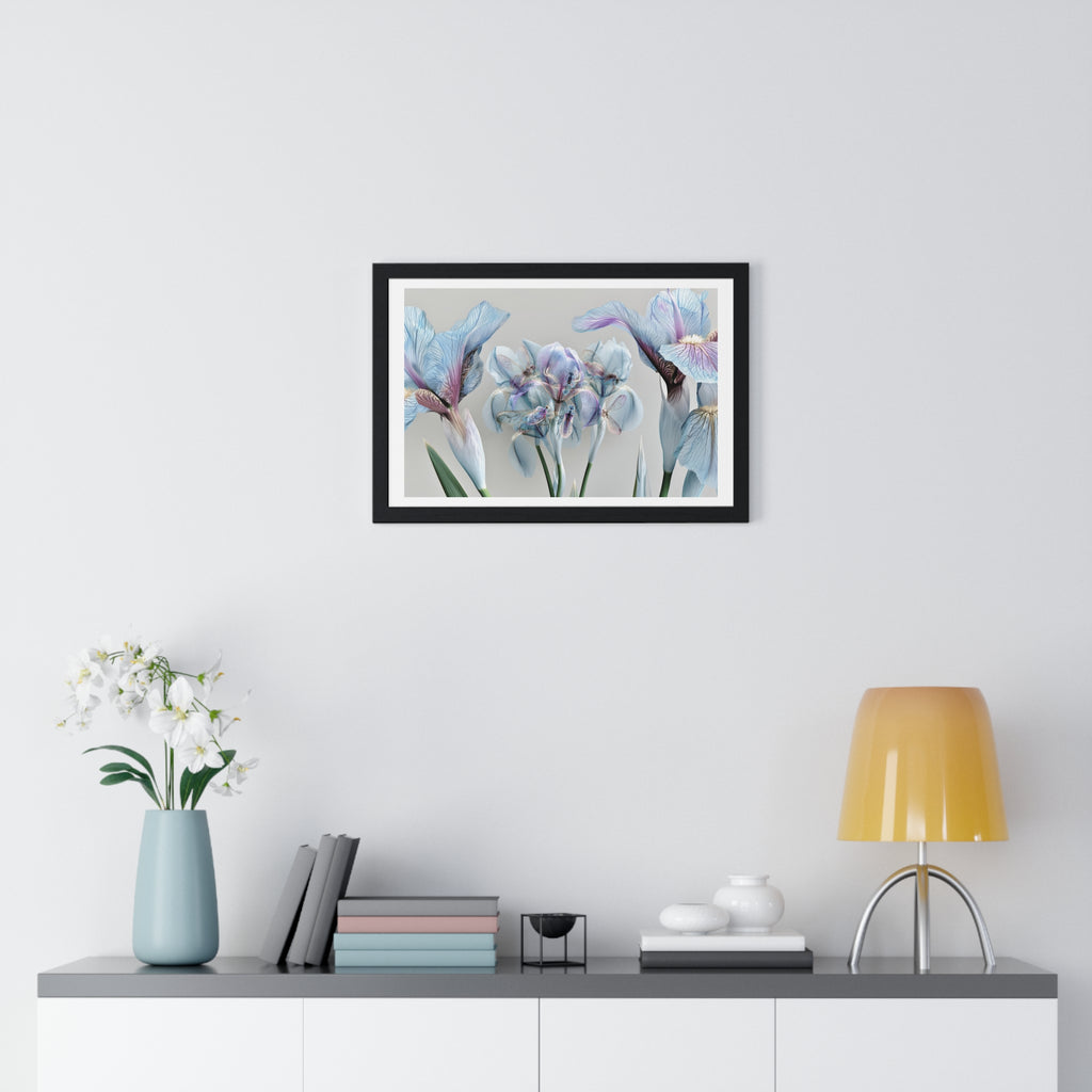 Botanical Iris Framed Poster — Soft Blue Floral Wall Art (Horizontal)