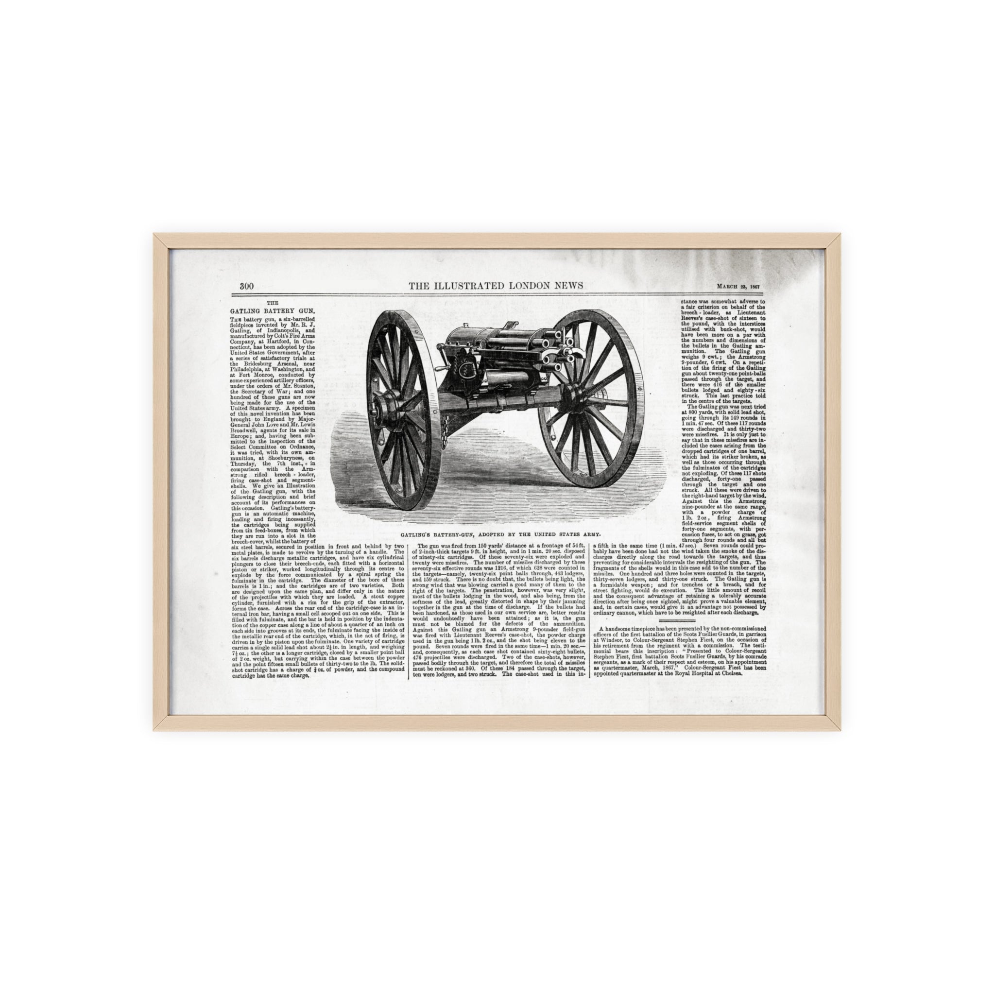 GATLING'S Battery-Gun, adopted by the United States Army. Vintage Cannon Patent Poster with Wooden Frame – Antique Engineering Print