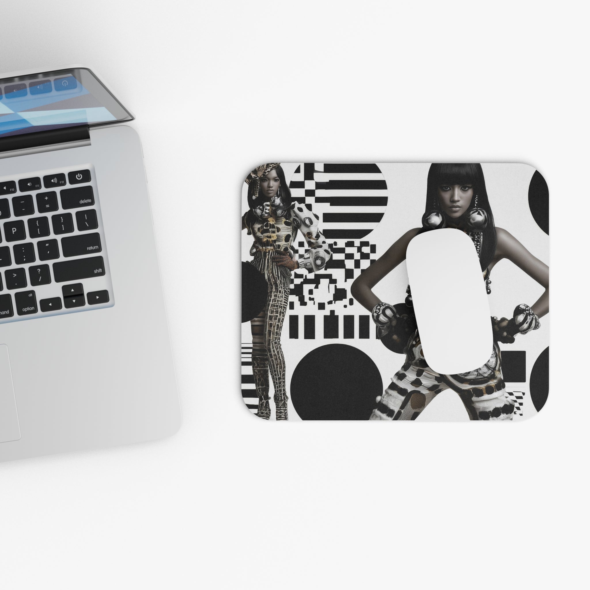 Retro Geometric Fashion Mouse Pad — Black & White Patterned Model Design