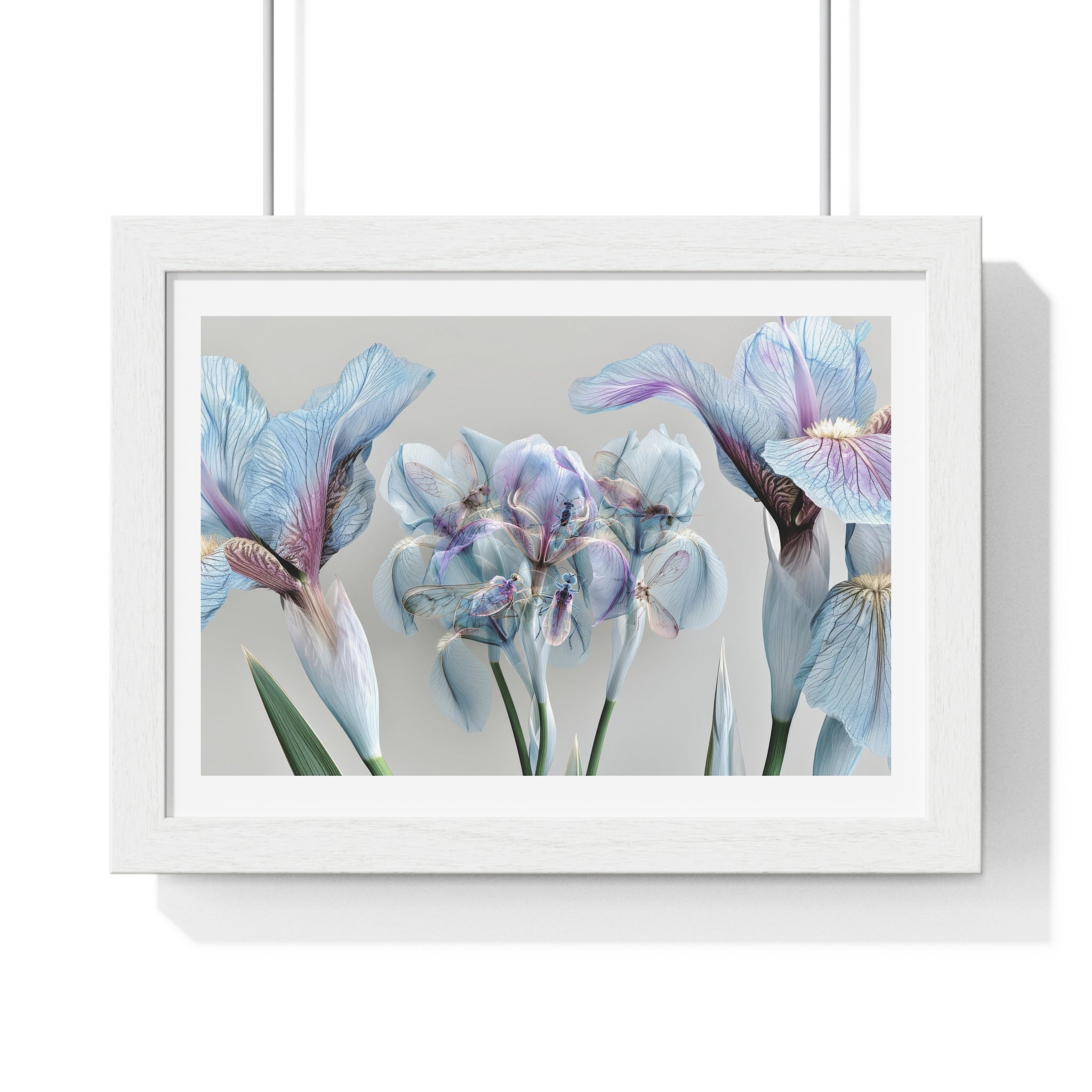 Botanical Iris Framed Poster — Soft Blue Floral Wall Art (Horizontal)