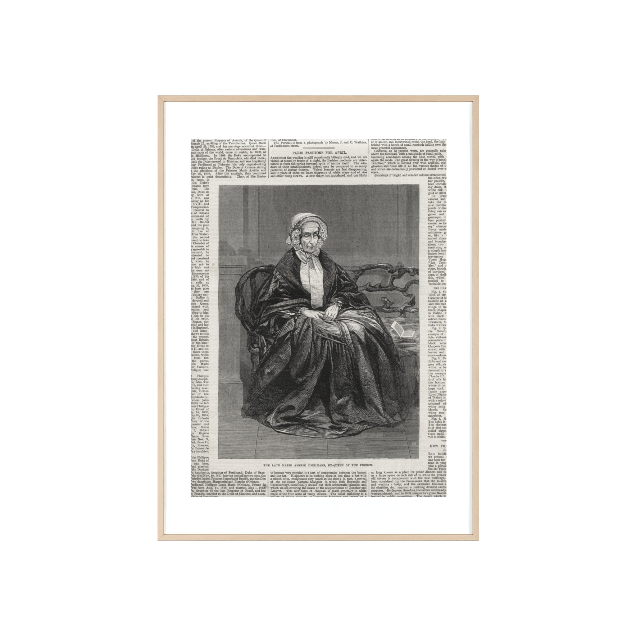 The Late Marie Amelie D'Orleans, Ex-Queen of the French. Vintage Portrait Newspaper Art Poster with Black Wooden Frame