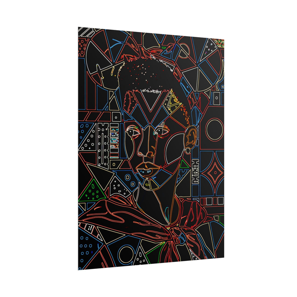 Neon Line Art Portrait Poster — Afro Futurism Geometric Wall Art (Rolled)