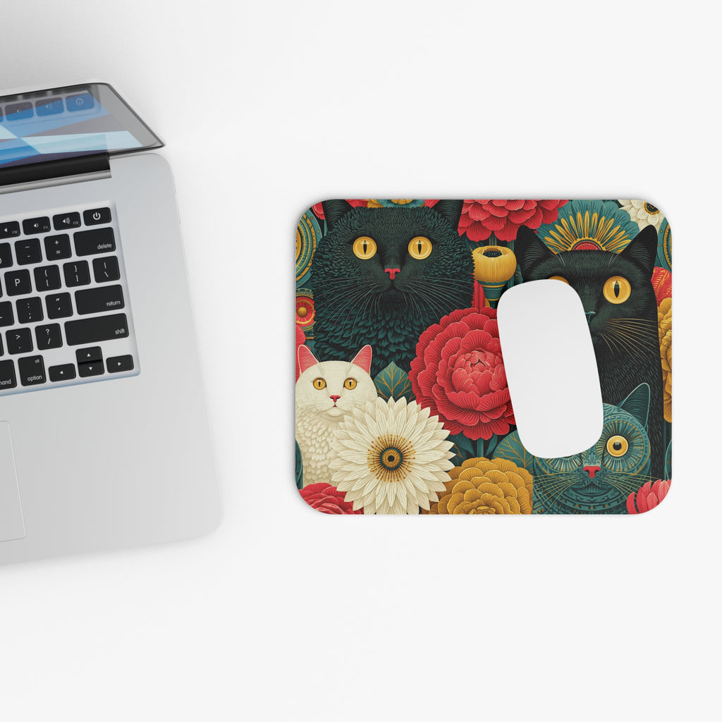 Floral Cats Rectangle Mouse Pad — Retro Colorful Kitty Desk Mat