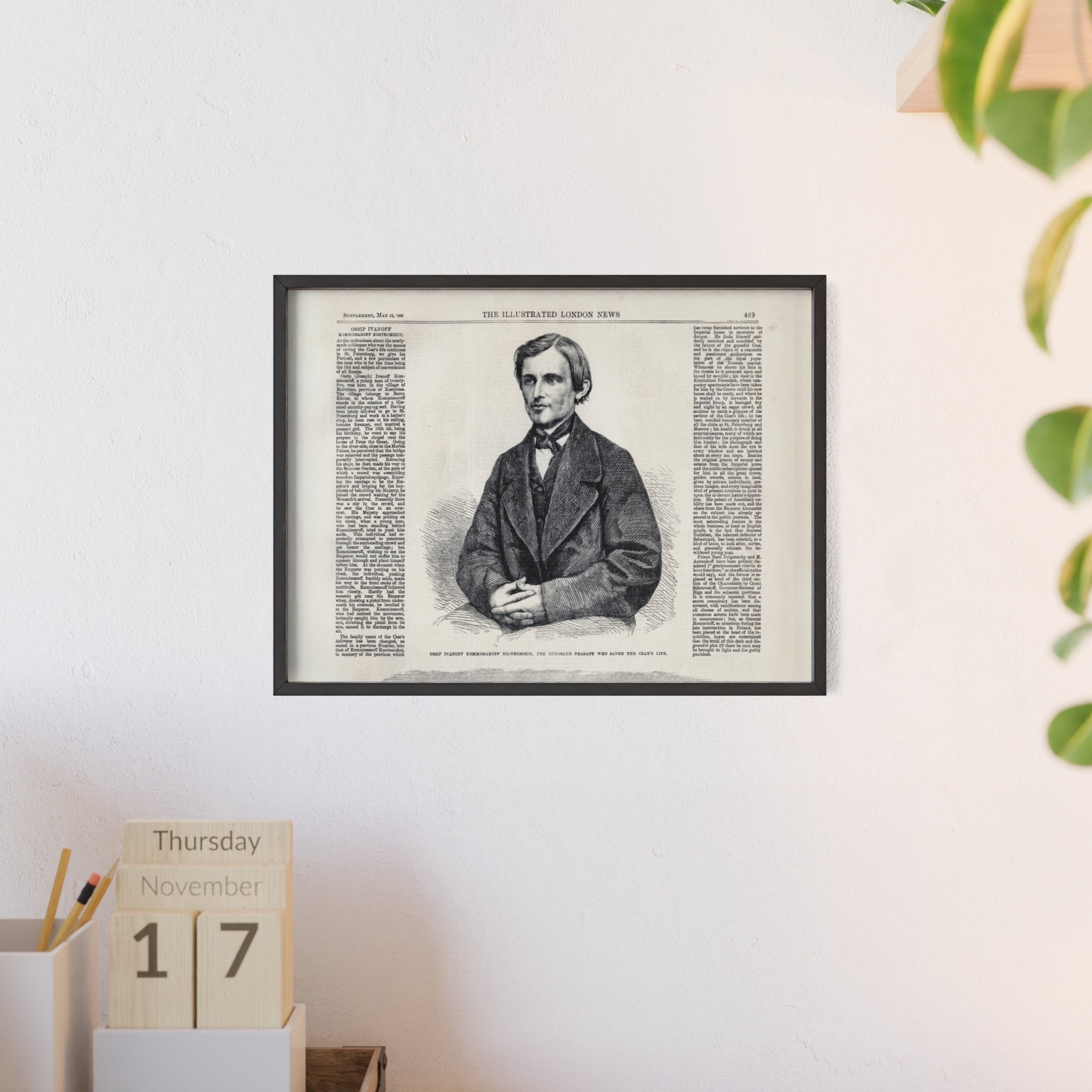 Portrait of Ossip Ivanoff the peasant who saved the Czar's Life. Vintage Newspaper Print Poster with Wooden Frame