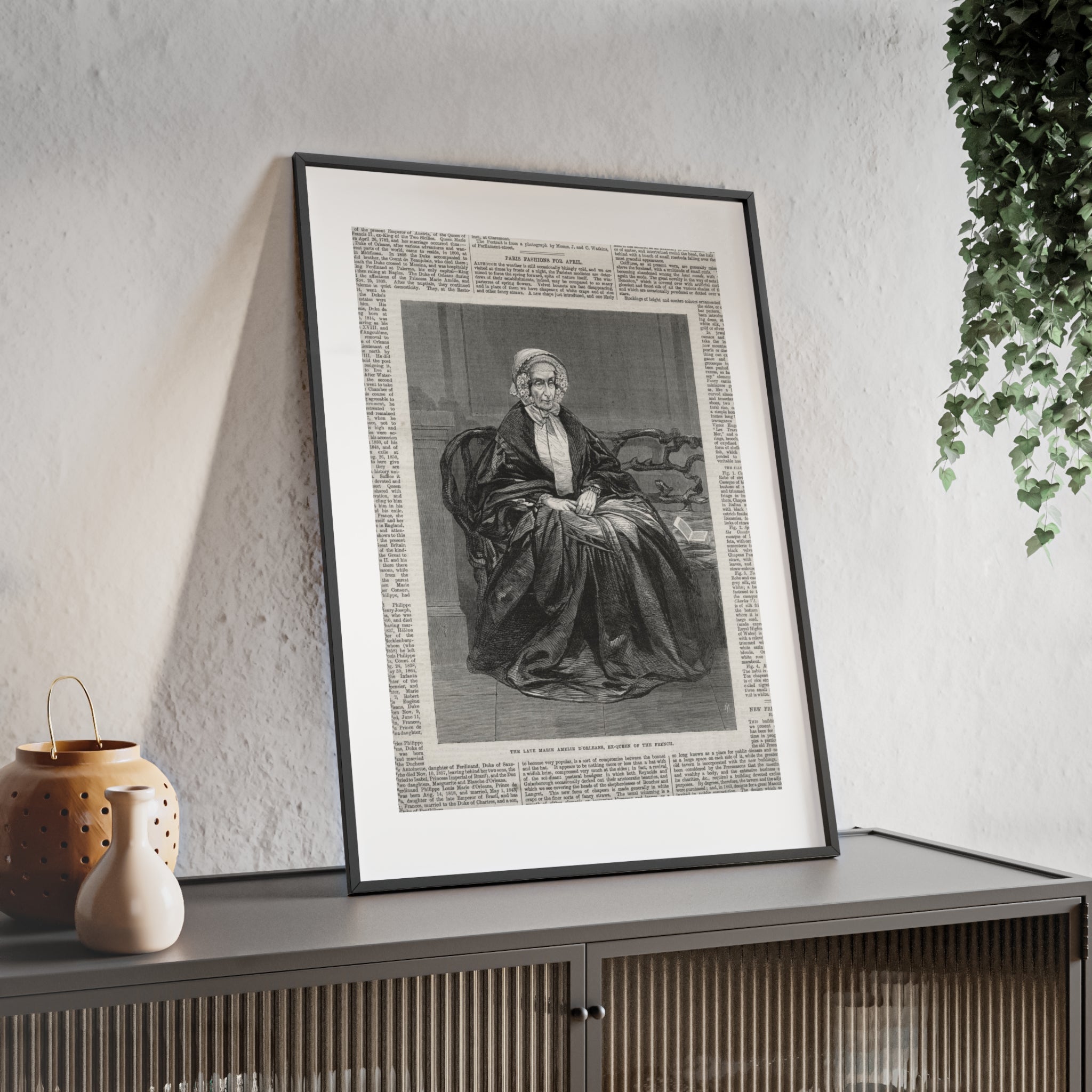 The Late Marie Amelie D'Orleans, Ex-Queen of the French. Vintage Portrait Newspaper Art Poster with Black Wooden Frame