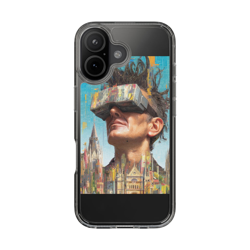 Clear Phone Case — Retro VR Cityscape Illustration