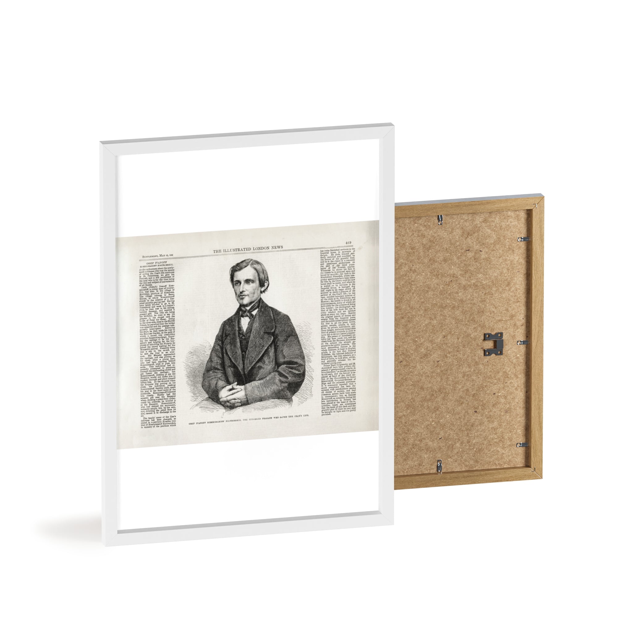 OSSIP IVANOFF, the peasant who saved the CZAR's Life. Vintage Illustrated Portrait Poster with Wooden Frame — Antique Newspaper Art Print