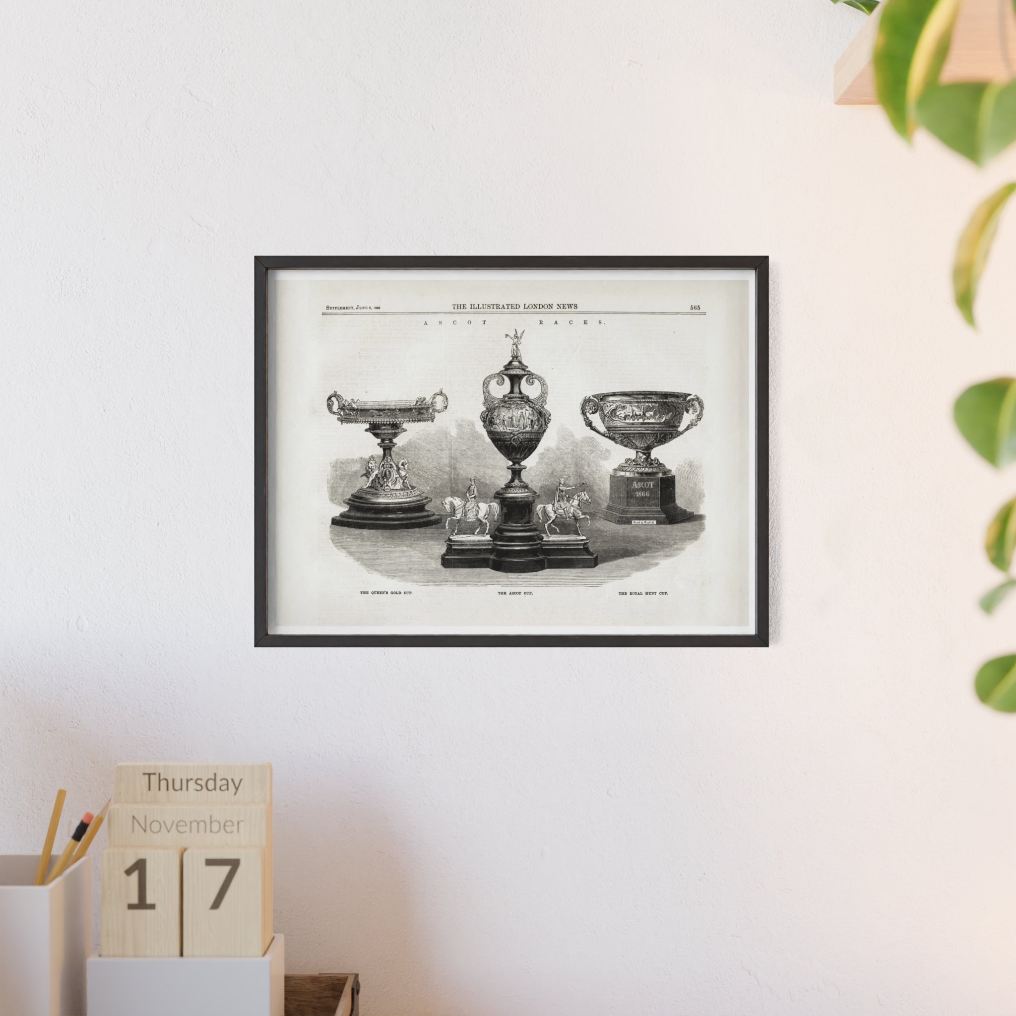 The ASCOT Races. Vintage Trophy Engraving Poster with Wooden Frame