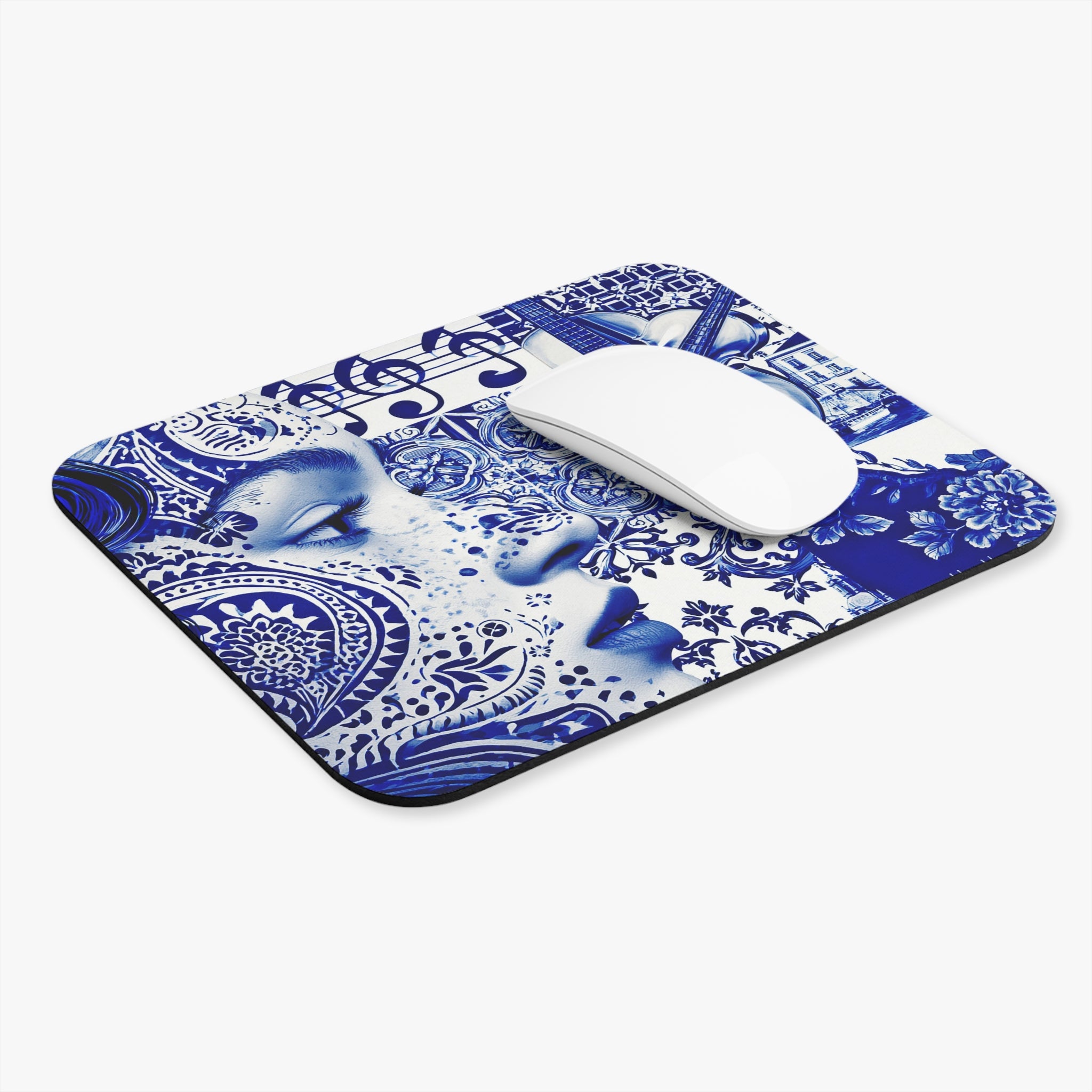 Blue Tile Art Mouse Pad — Musical Violin & Ornamental Face Desk Mat