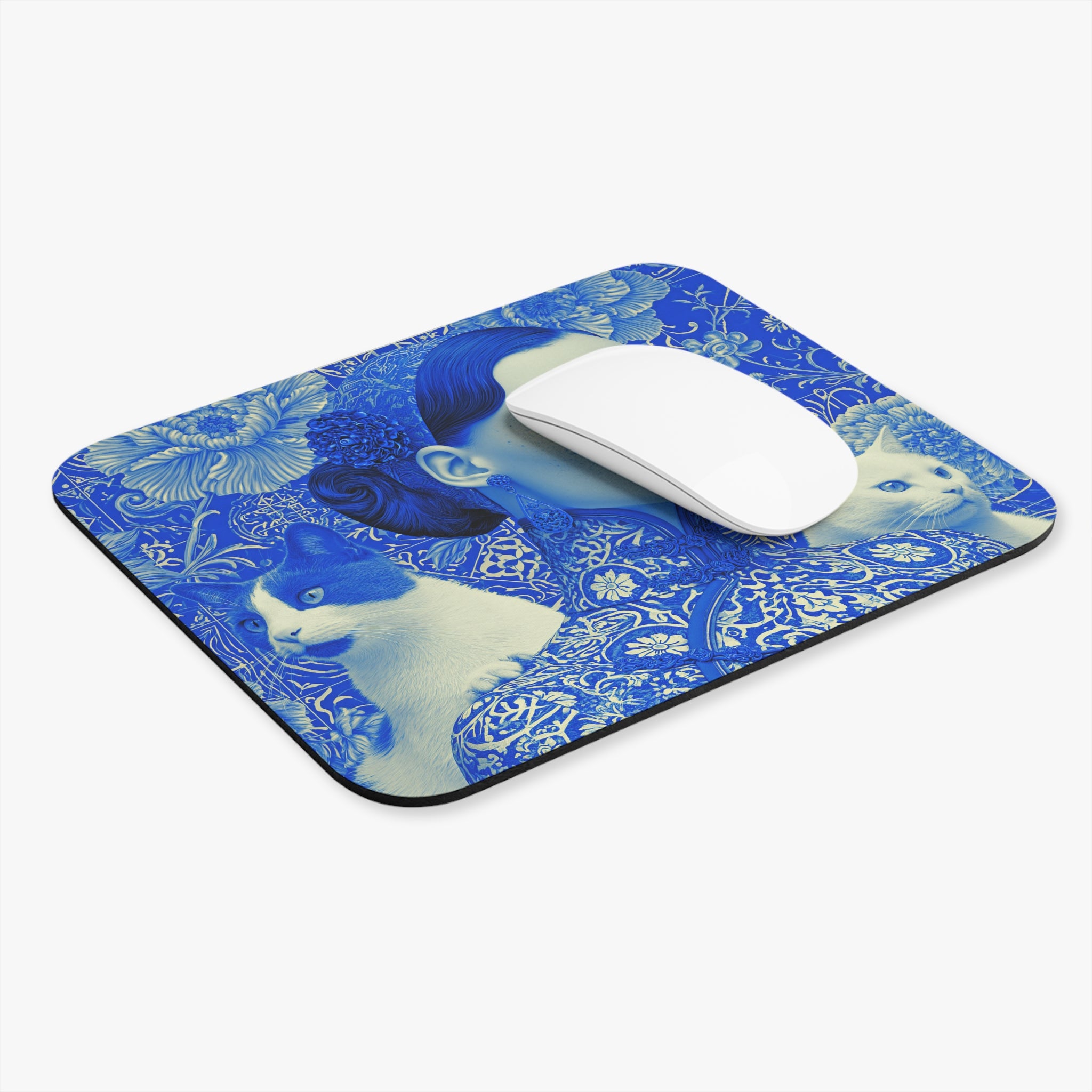 Blue Portrait Cat Mouse Pad — Artistic Decorative Desk Mat