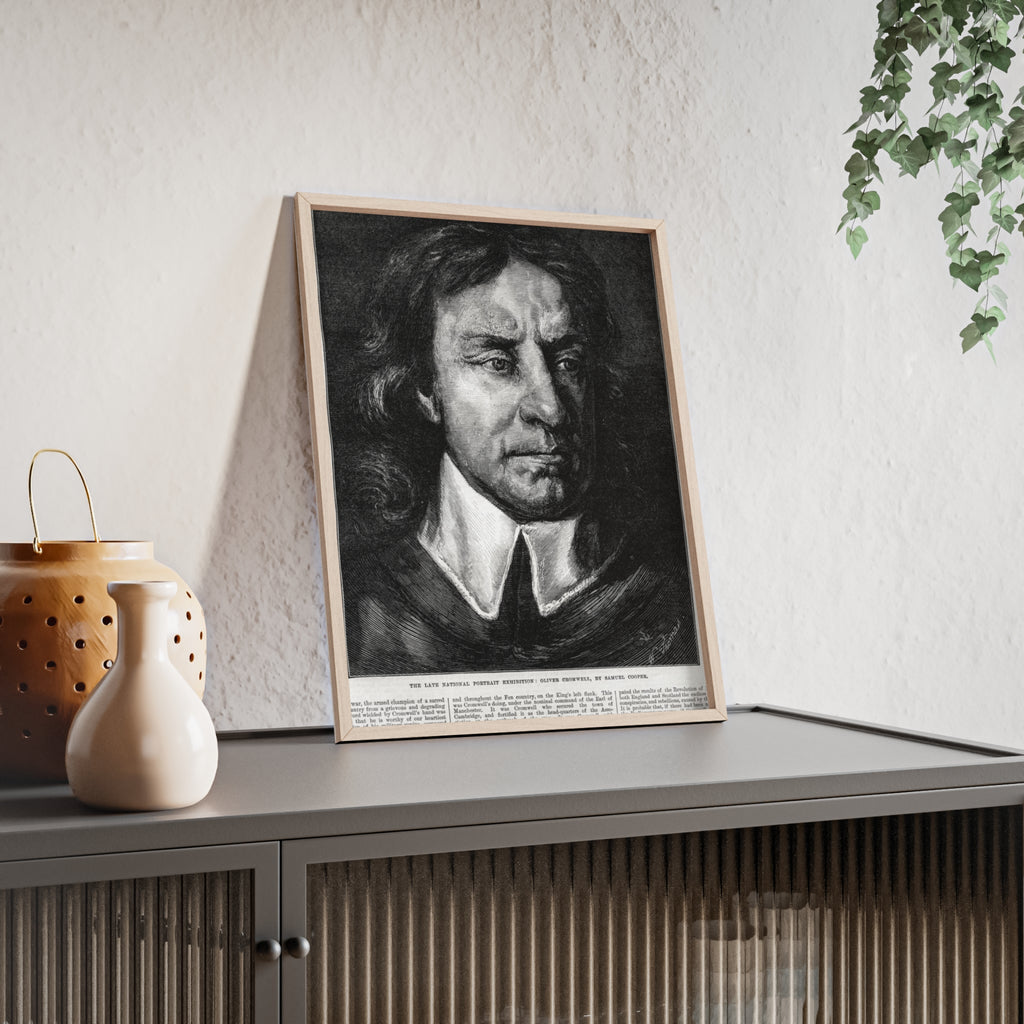 OLIVER CROMWELL. Historical Portrait Poster with Wooden Frame — Vintage Chalk-Style Print