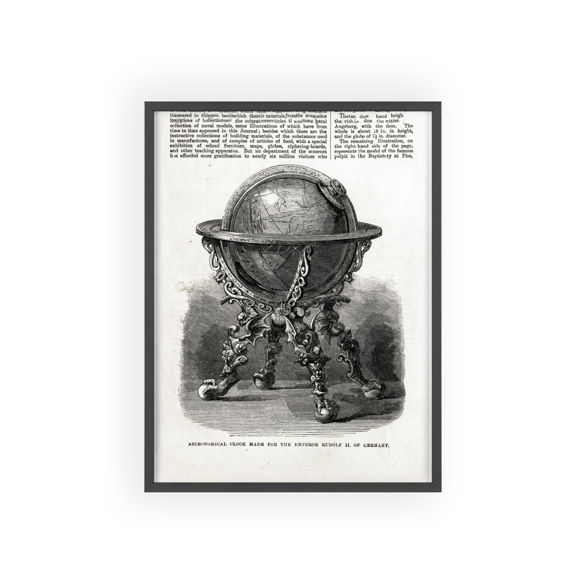 Astronomical Clock made for the Emperor RUDOLPH II, of Germany. Vintage Globe Illustration Poster with Wooden Frame — Antique Map Print