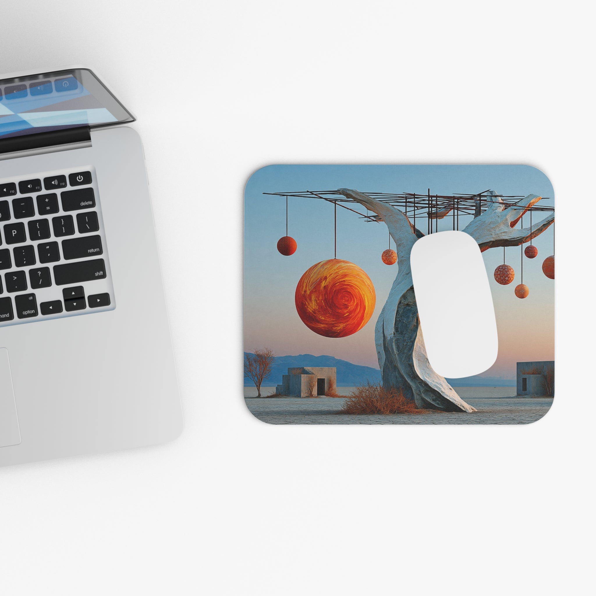 Surreal Desert Tree Mouse Pad — Floating Orbs Art Desk Mat