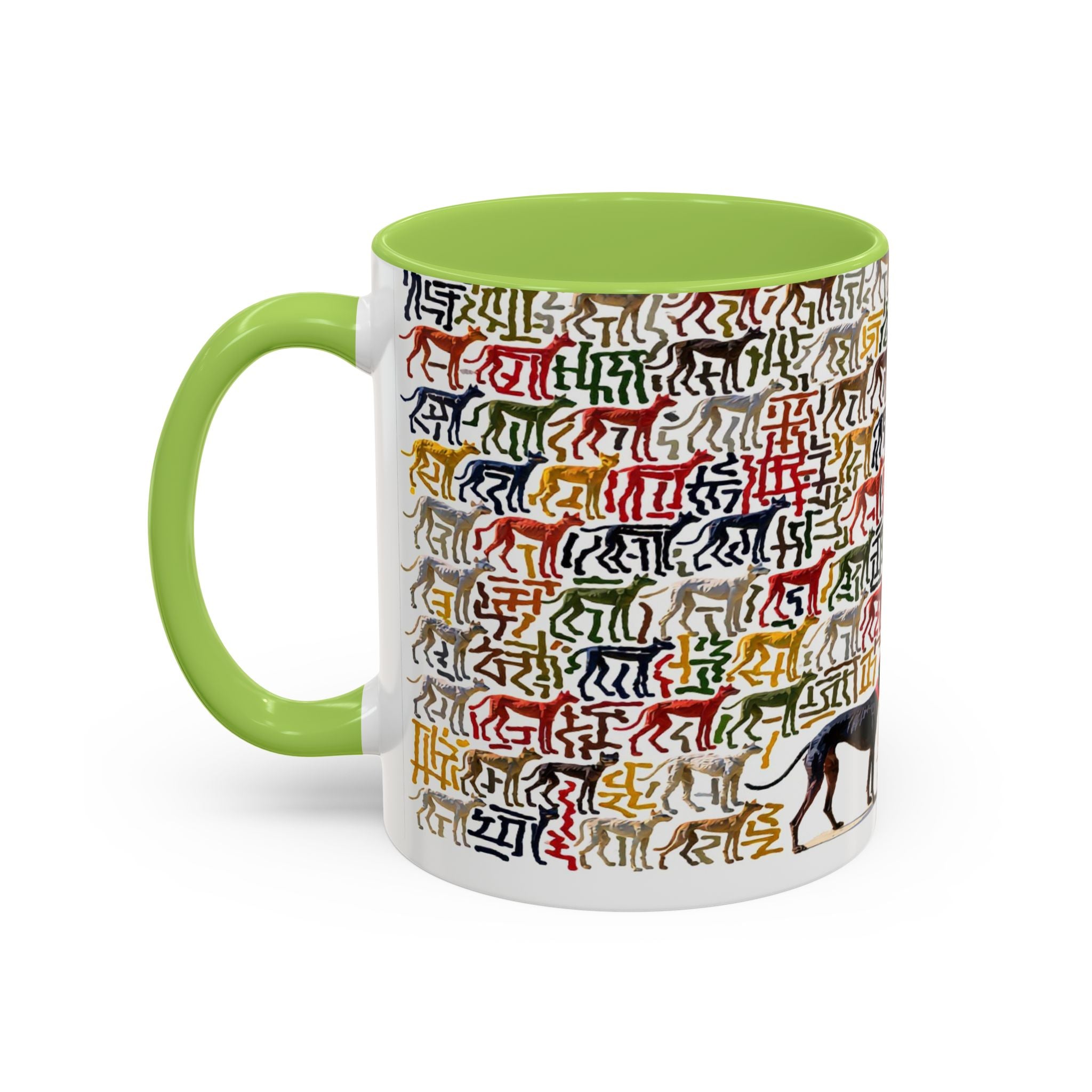 Greyhound Silhouette Accent Coffee Mug — Colorful Script Dog Pattern (11/15oz)