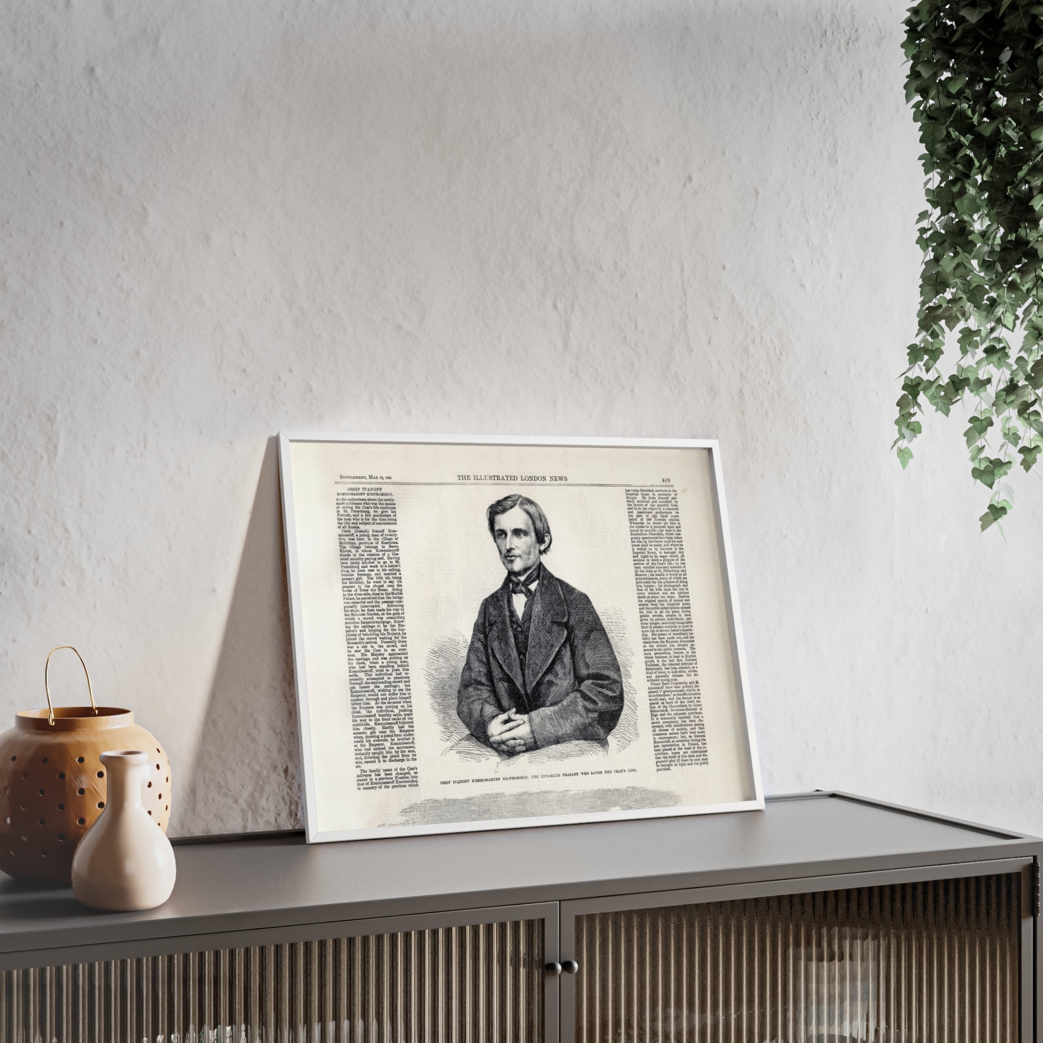 Portrait of Ossip Ivanoff the peasant who saved the Czar's Life. Vintage Newspaper Print Poster with Wooden Frame