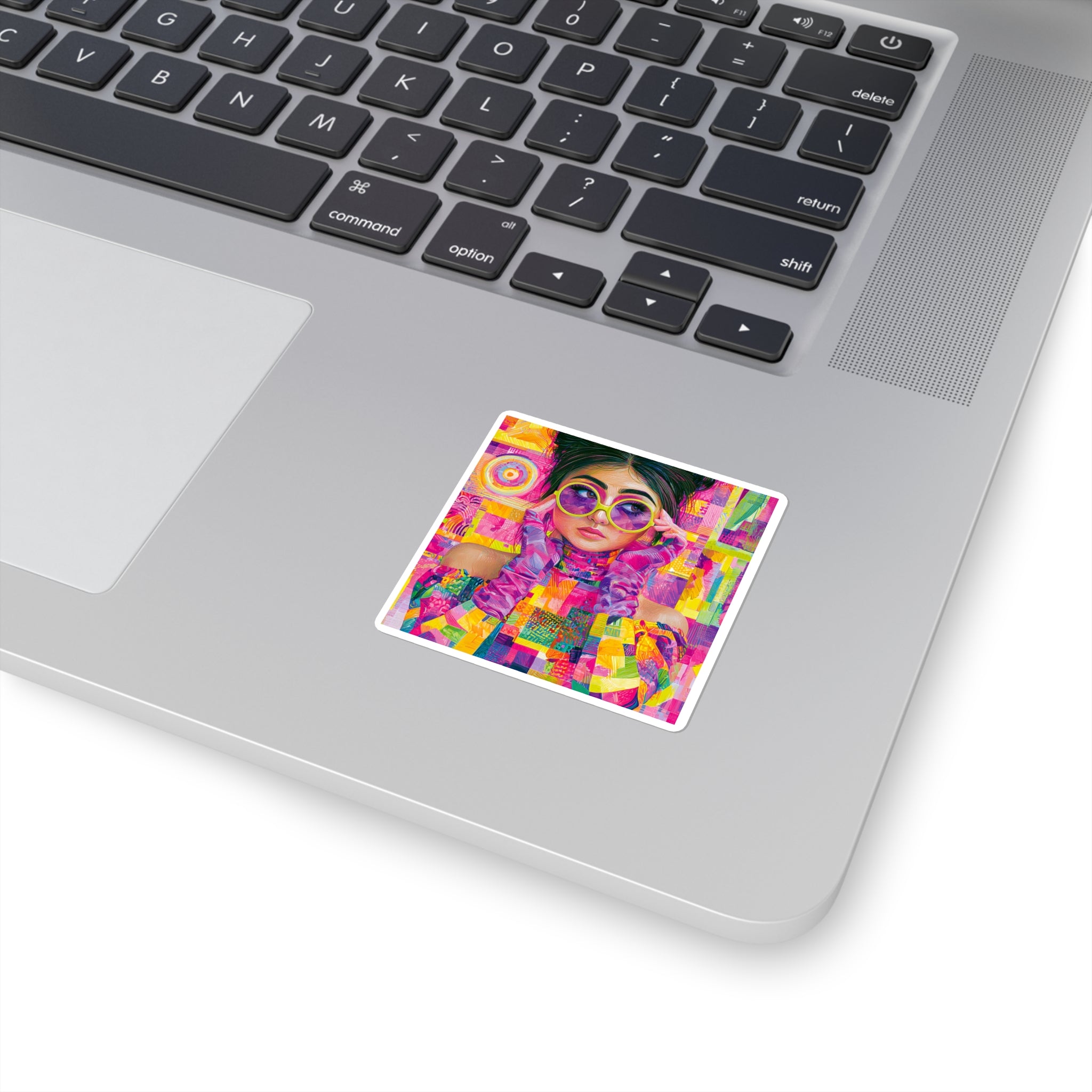 Vibrant Pop-Art Girl Square Sticker — Colorful Retro Sunglasses Laptop Decal