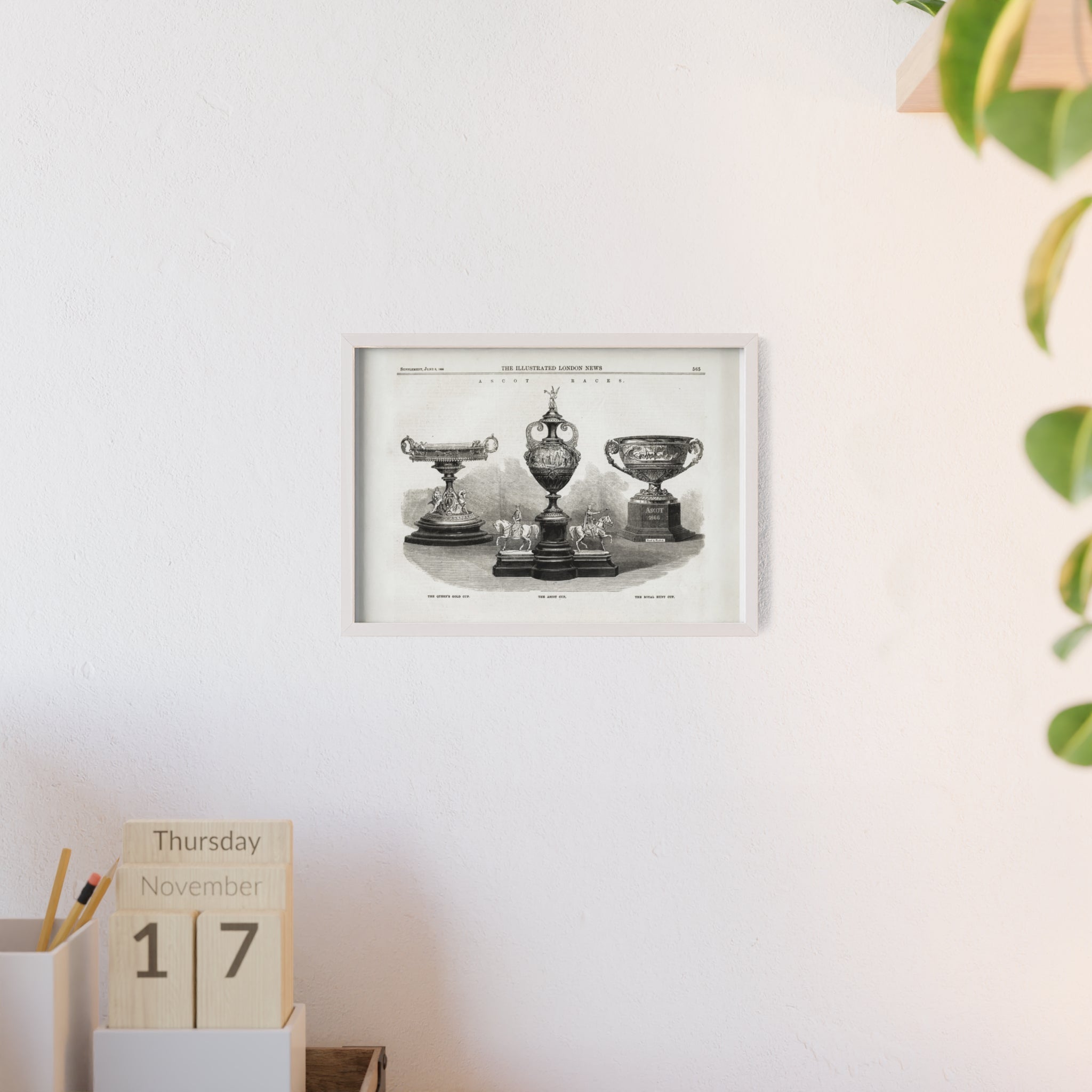 The ASCOT Races. Vintage Trophy Engraving Poster with Wooden Frame