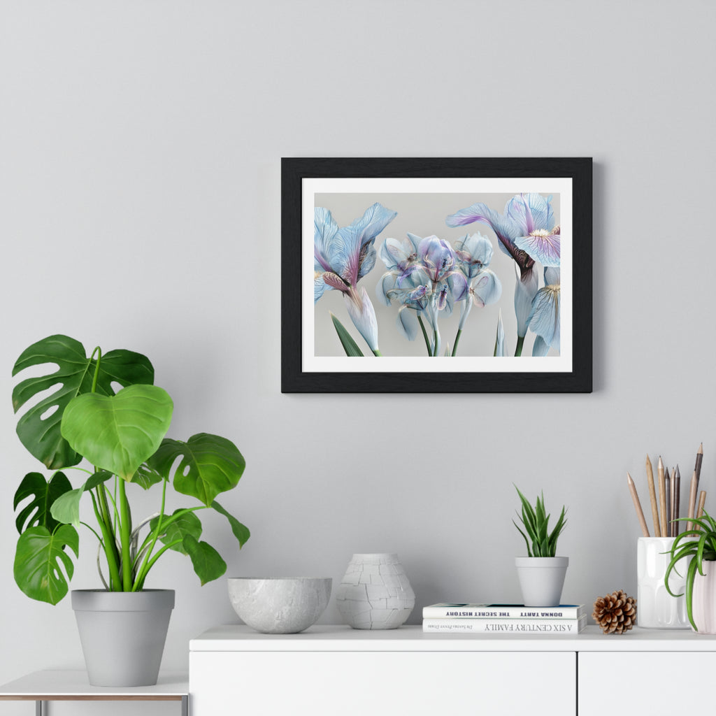 Botanical Iris Framed Poster — Soft Blue Floral Wall Art (Horizontal)