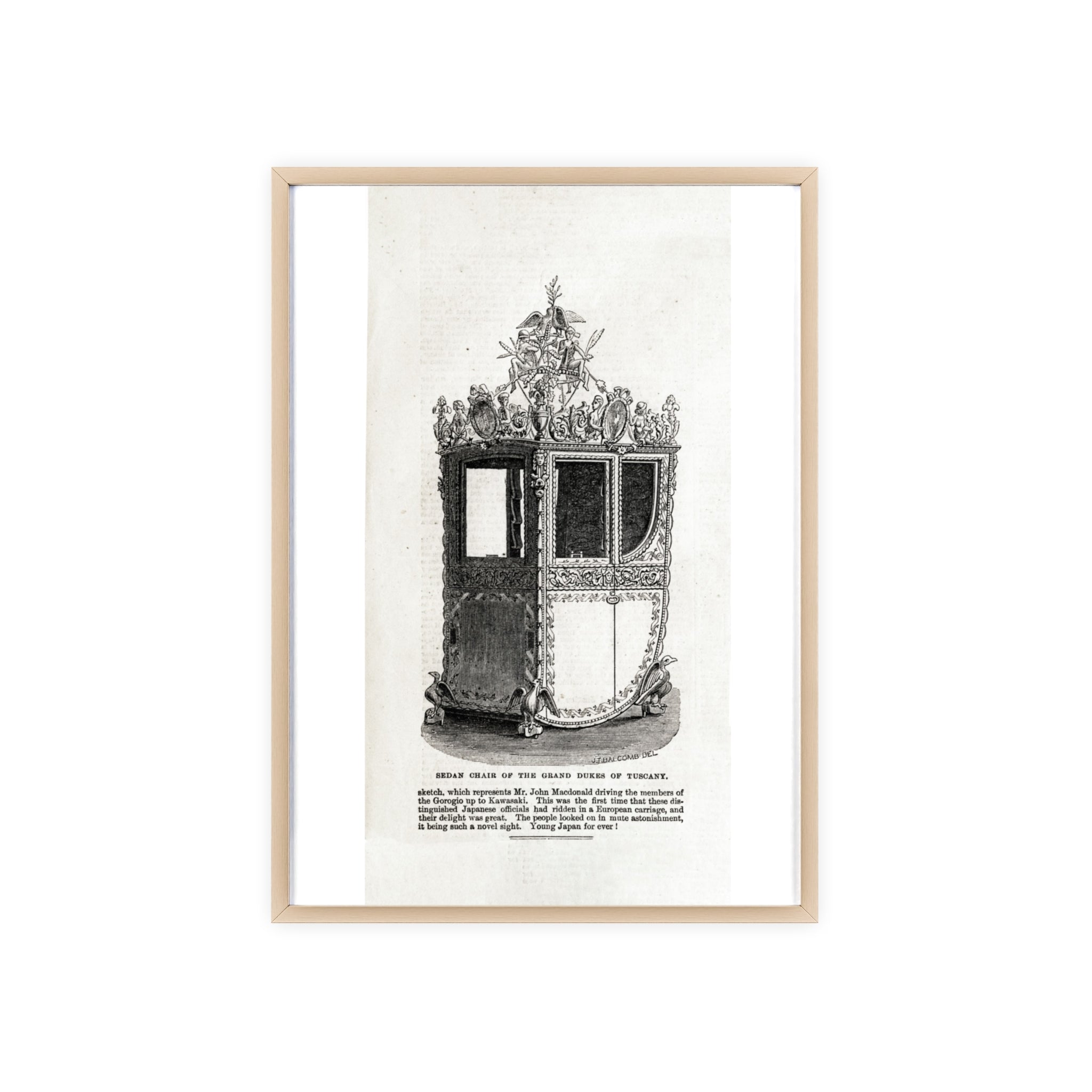 Chair of the GRAND DUKES of TUSCANY. Antique Carriage Print Poster with Wooden Frame — Vintage Engraving Wall Art