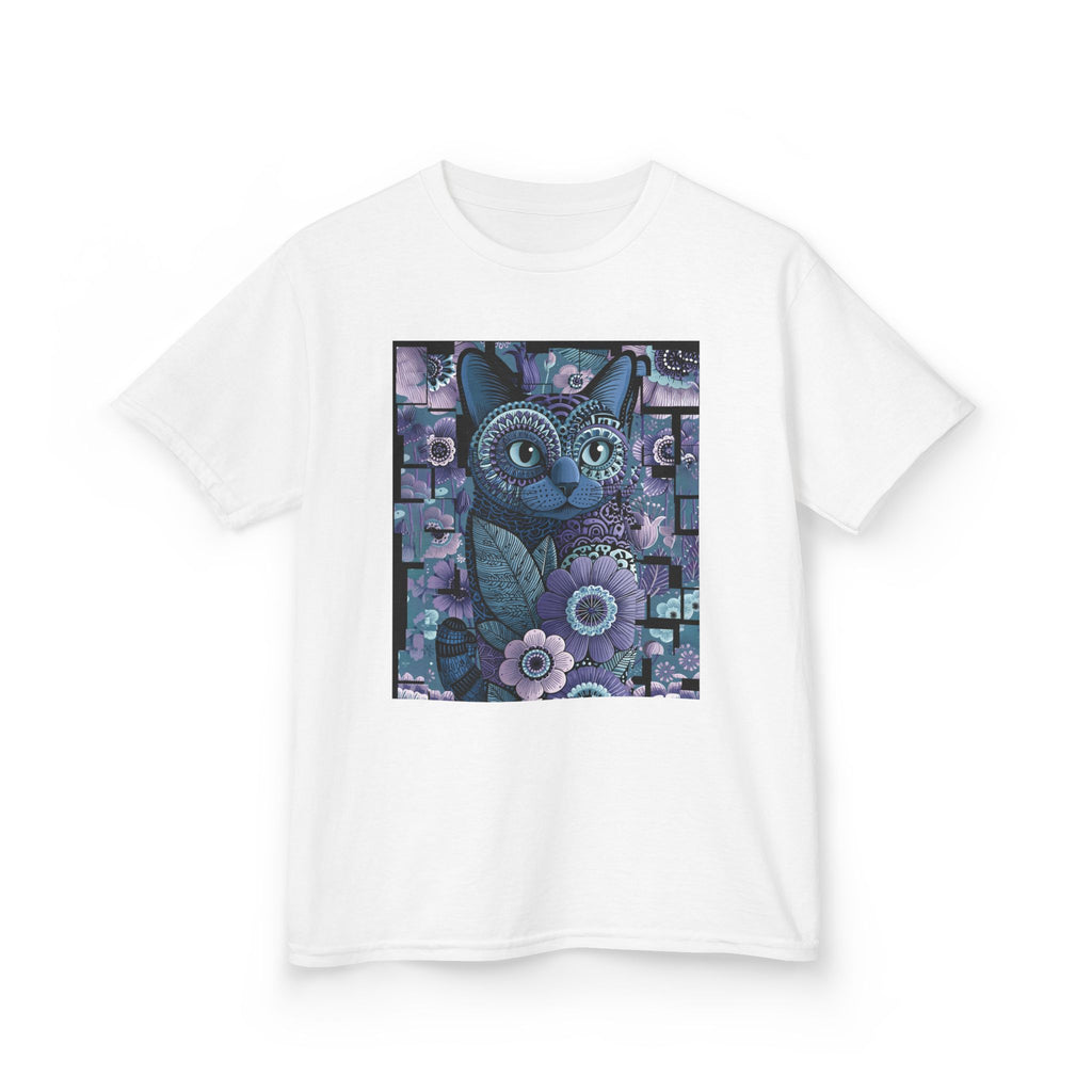 Kids Cat Art T-Shirt — Whimsical Purple Floral Kitten Tee