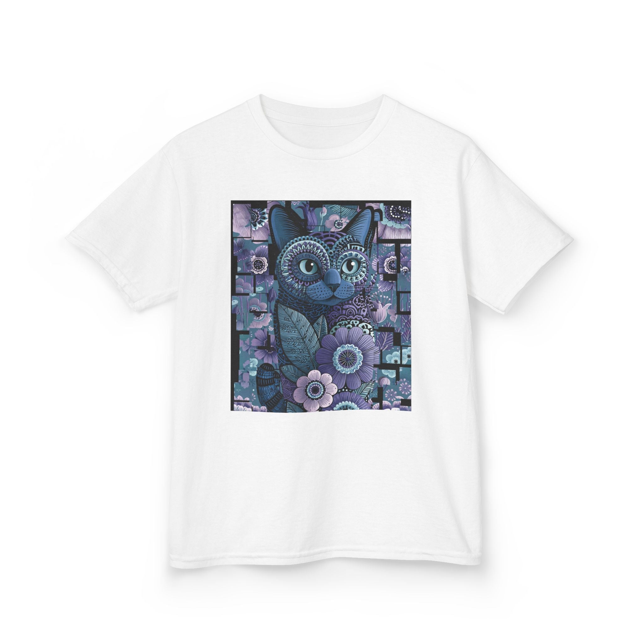 Kids Cat Art T-Shirt — Whimsical Purple Floral Kitten Tee