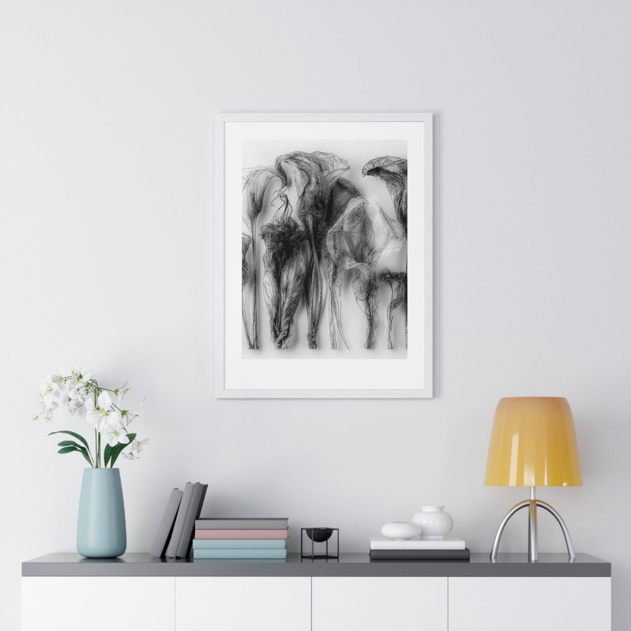 Abstract Smoke Floral Poster — Black & White Vertical Framed Art Print