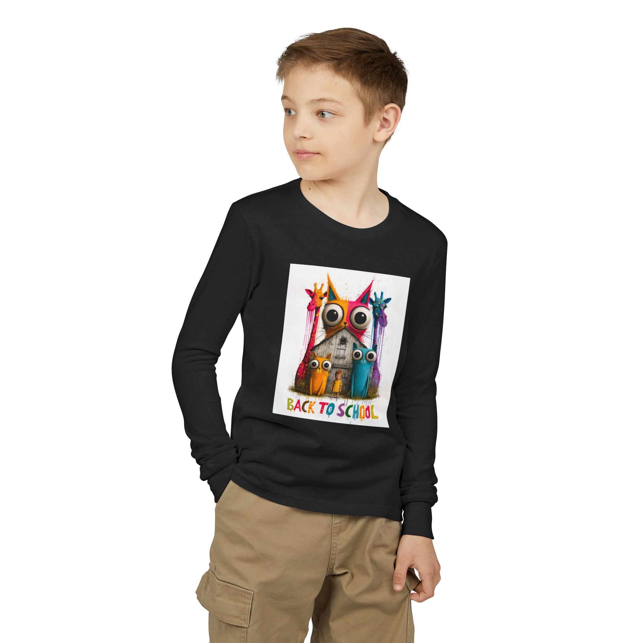 Back to School Youth Long Sleeve Tee — Colorful Owl Schoolhouse Design