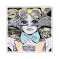 Surreal Vintage Girl Illustration Square Sticker — Retro Goggles & Bow Tie Art
