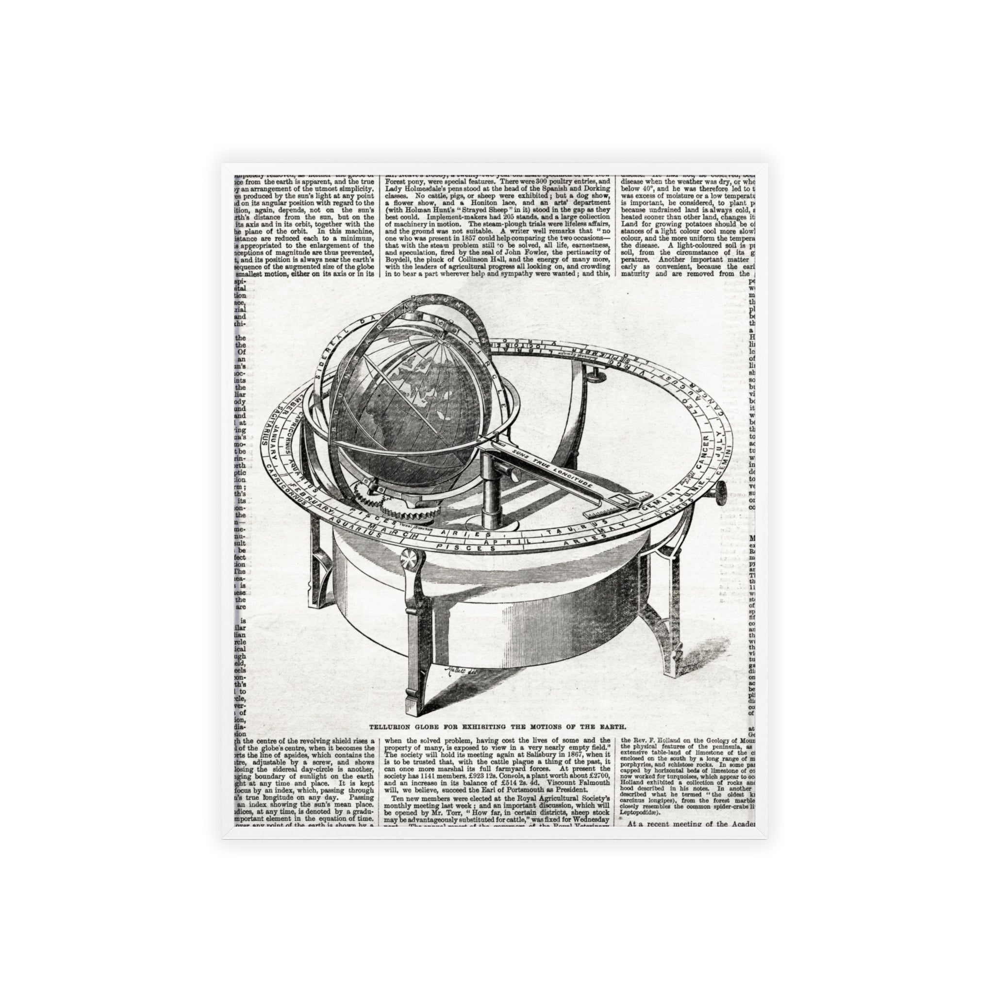 TELLURION GLOBE for Exhibiting the Motions of the Earth. Vintage Celestial Globe Poster with Wooden Frame — Antique Astronomy Wall Art