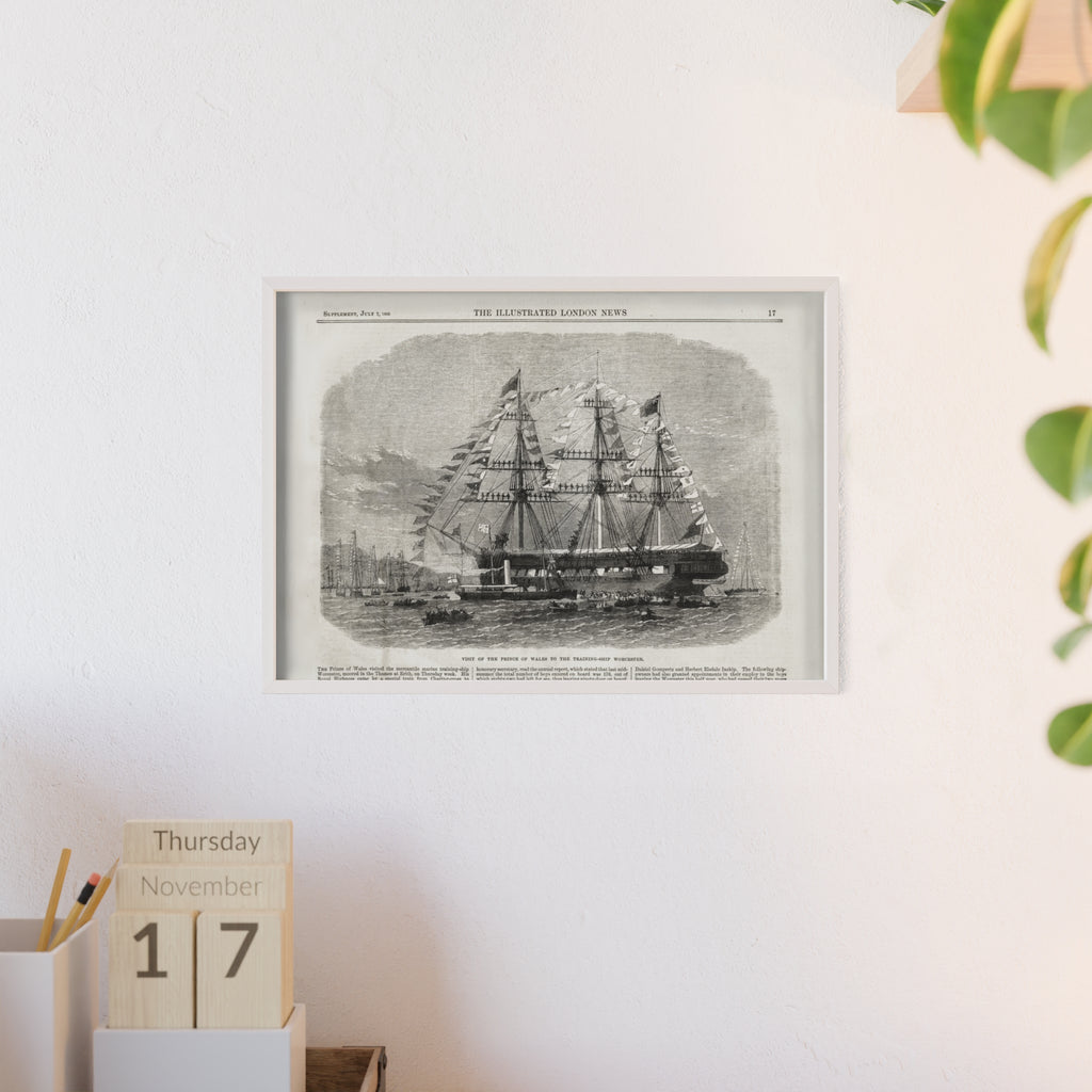 Visit of the Prince of Wales to the Training-Ship Worcester. Framed Vintage Sailing Ship Poster — Nautical Wall Art with Wooden Frame