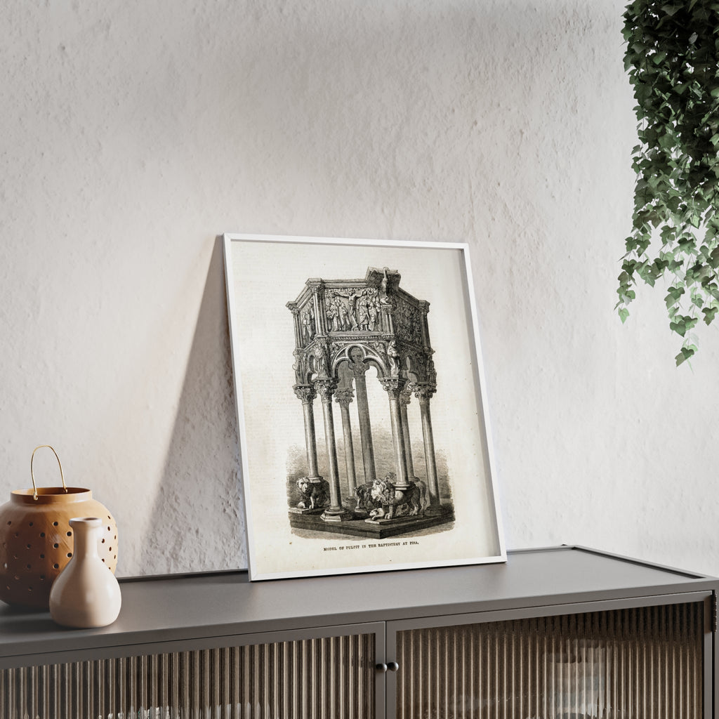Model of Pulpit in the Baptistery at PISA. Antique Architectural Print Poster — Gothic Baptistery Illustration in Wooden Frame