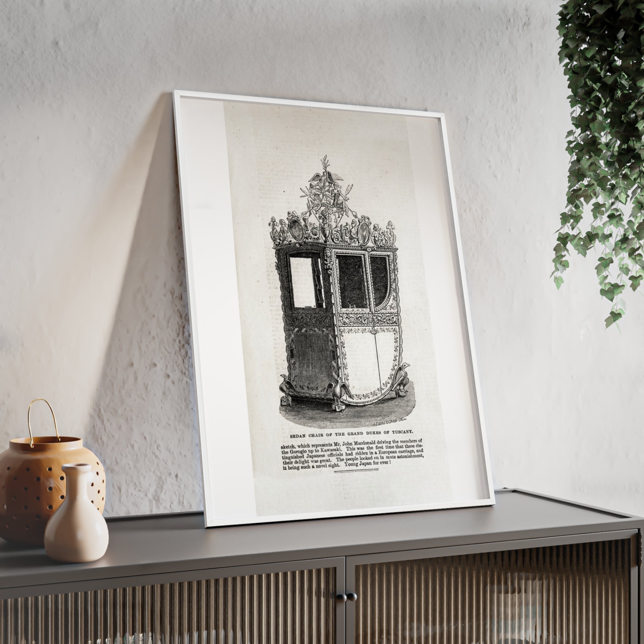 Chair of the GRAND DUKES of TUSCANY. Antique Carriage Print Poster with Wooden Frame — Vintage Engraving Wall Art