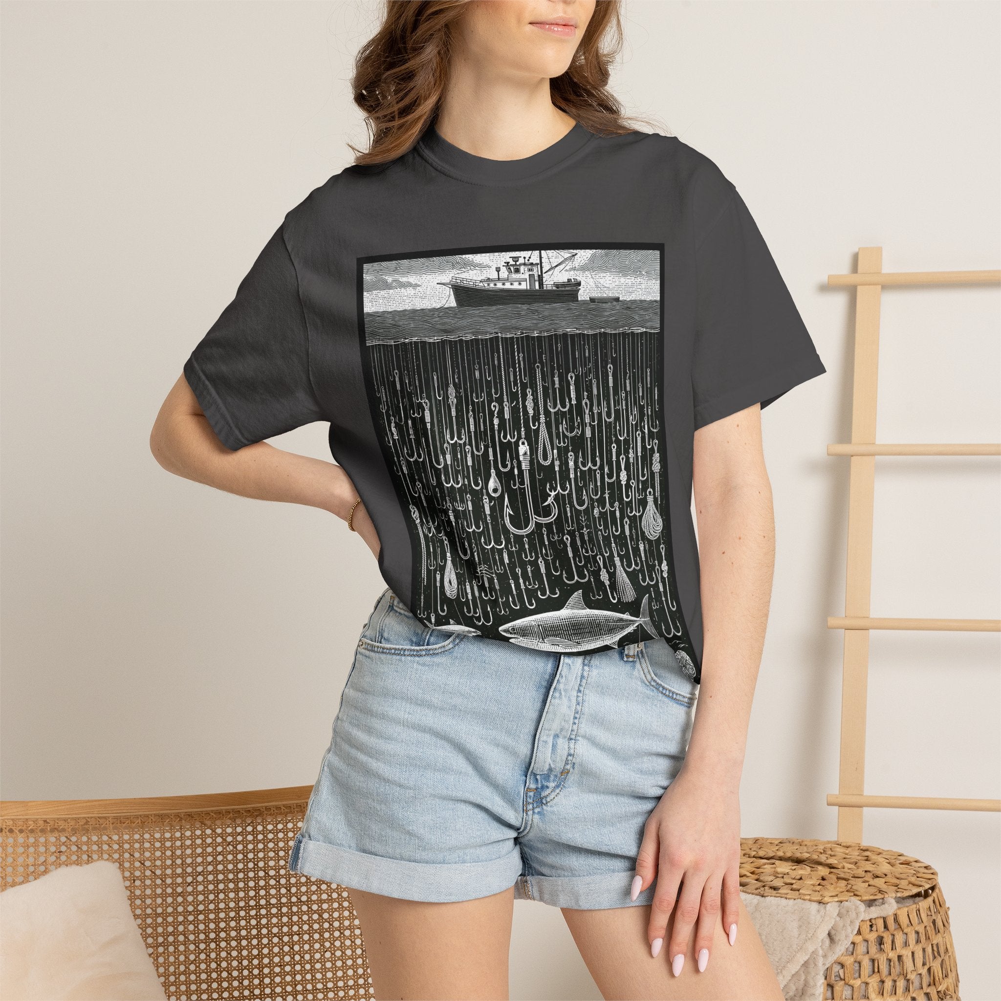 Fishing Boat & Hooks Graphic T-Shirt — Ocean Conservation Art Tee