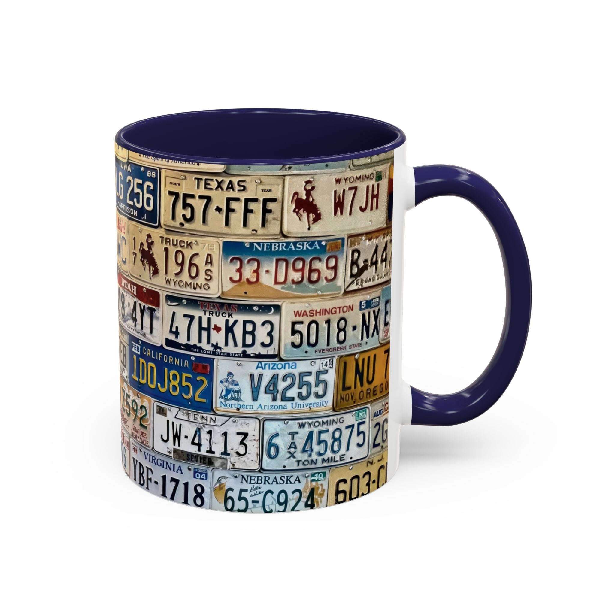 License Plate Collage Coffee Mug — Route 66, Vintage Road Trip Accent Mug