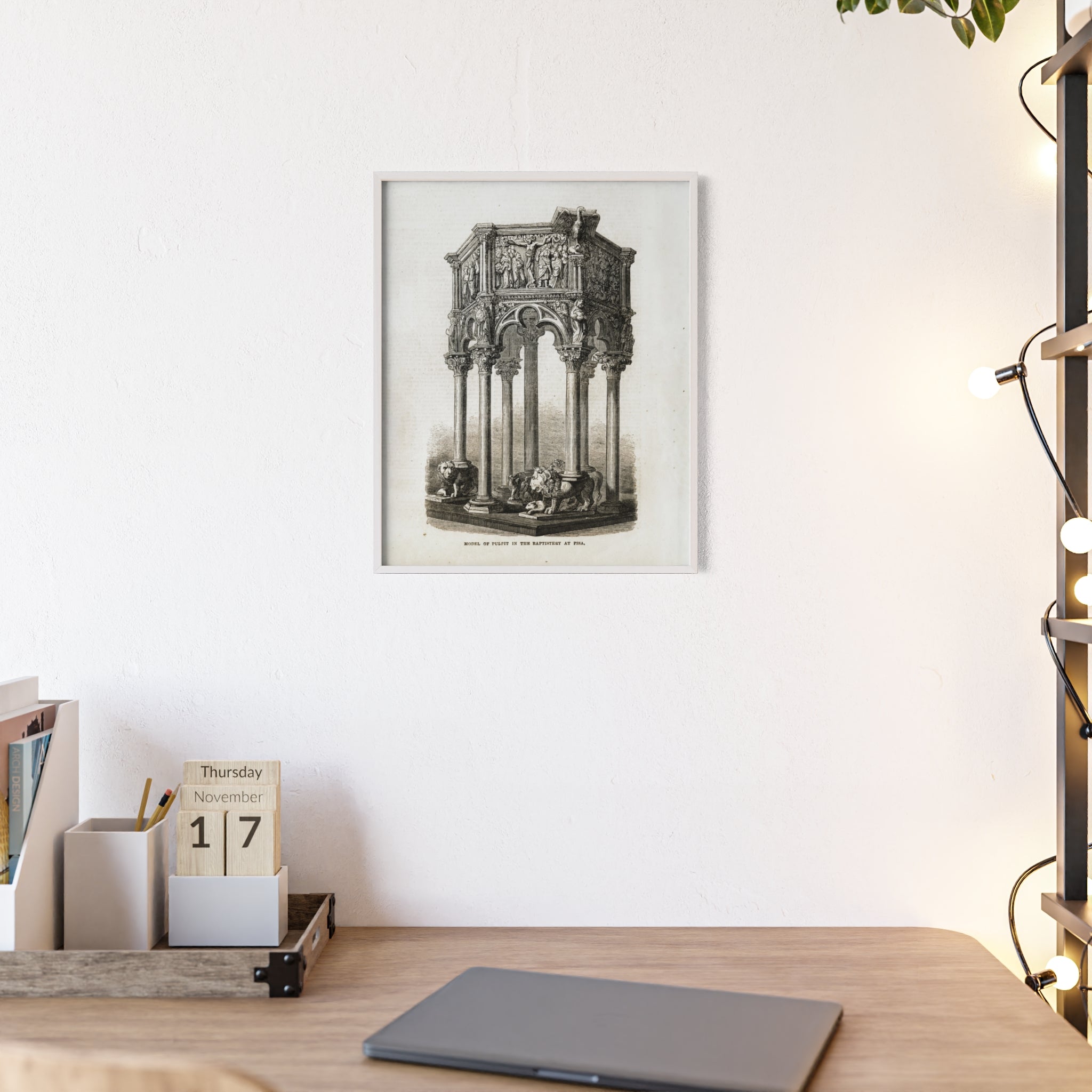 Model of Pulpit in the Baptistery at PISA. Antique Architectural Print Poster — Gothic Baptistery Illustration in Wooden Frame