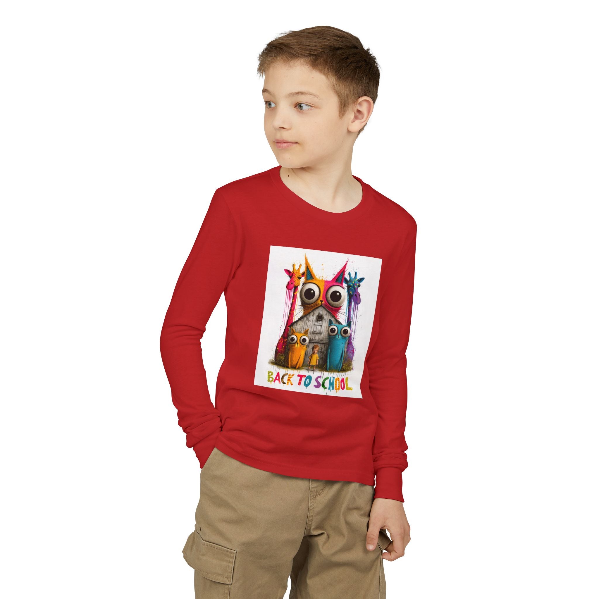 Back to School Youth Long Sleeve Tee — Colorful Owl Schoolhouse Design