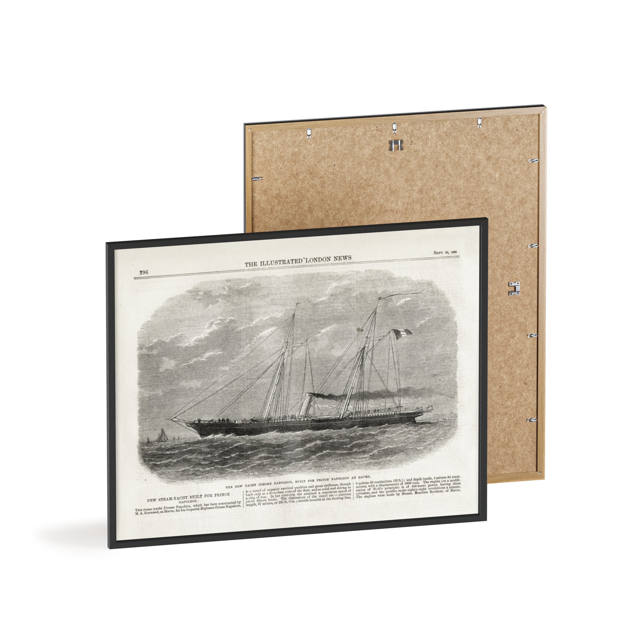 The New Yacht JEROME NAPOLEON, Built for Prince NAPOLEAN at Havre. Framed Vintage Ship Print Poster — Nautical Wall Art with Wooden Frame