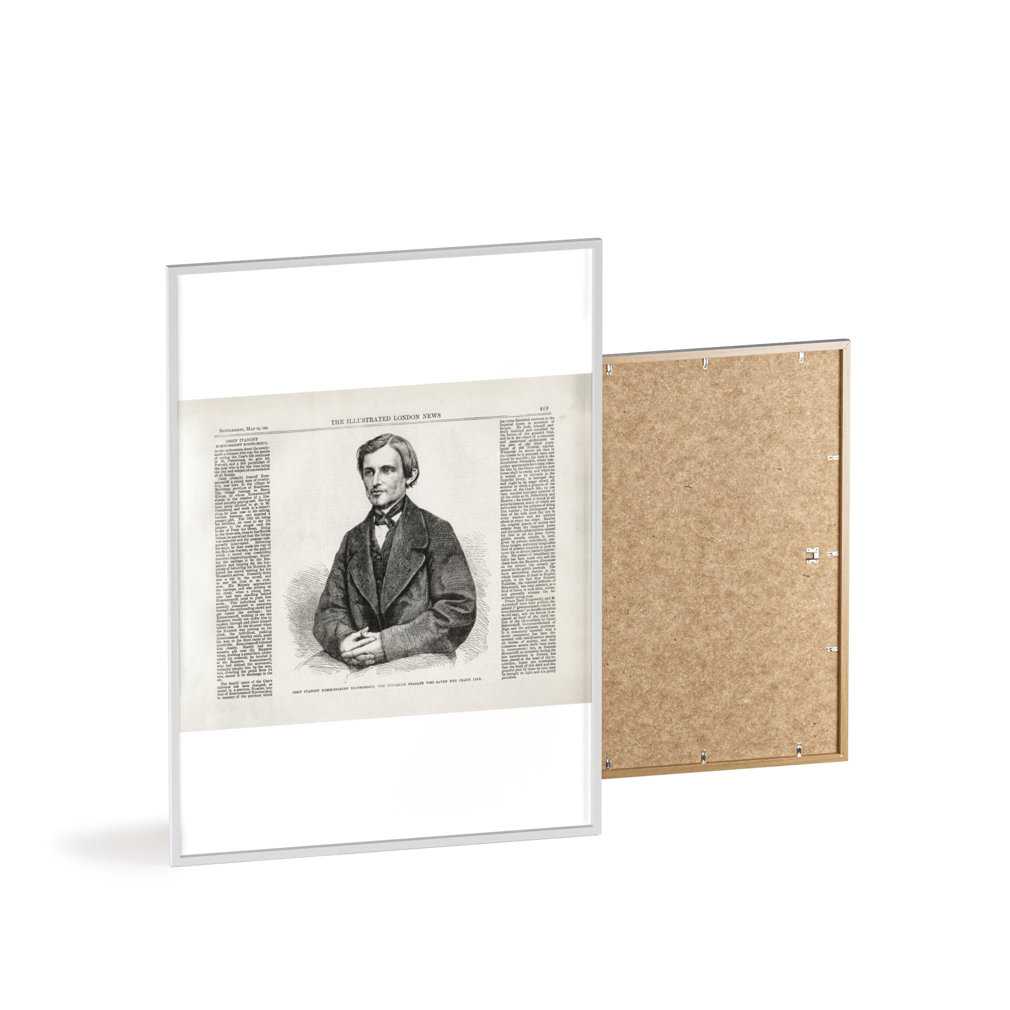 OSSIP IVANOFF, the peasant who saved the CZAR's Life. Vintage Illustrated Portrait Poster with Wooden Frame — Antique Newspaper Art Print