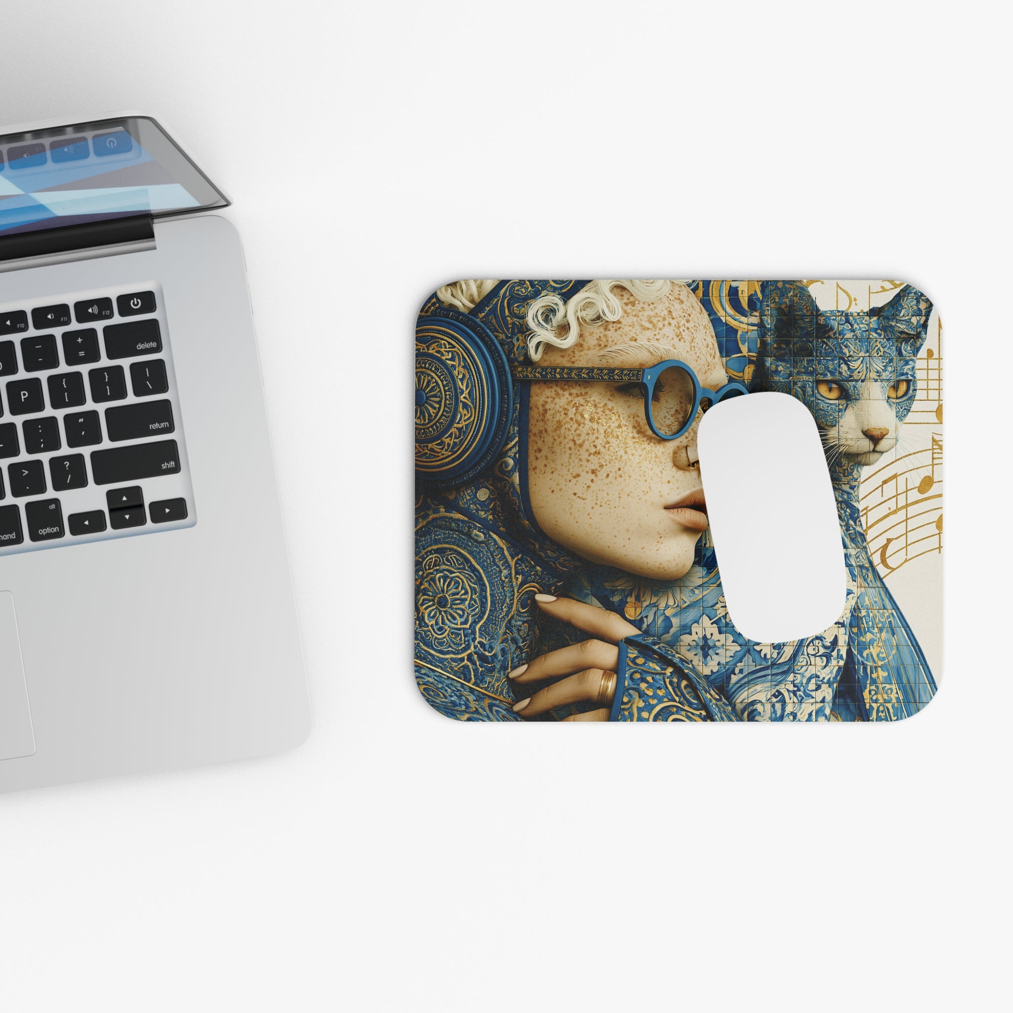Artistic Blue Cat & Woman Mouse Pad — Decorative Desk Mat