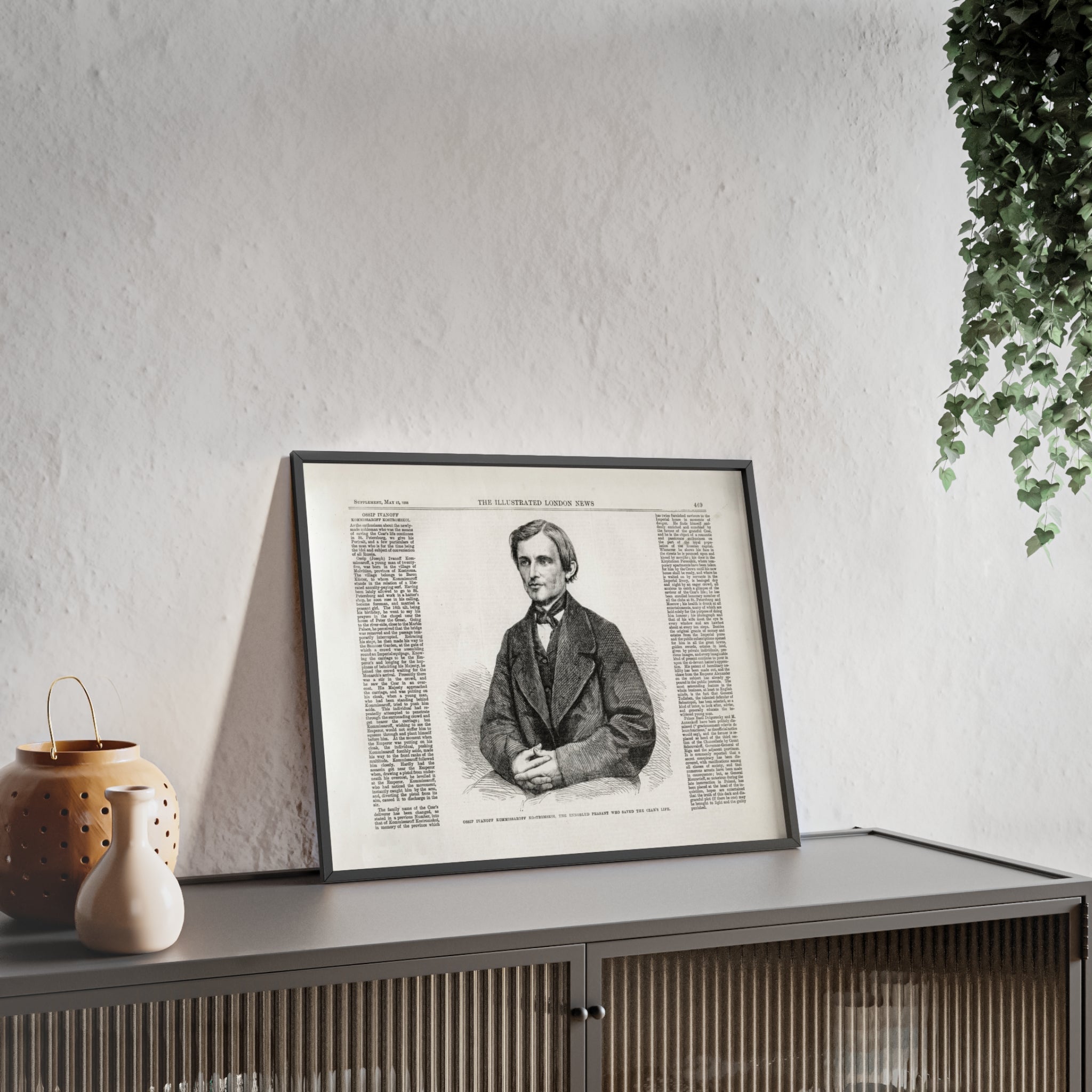 OSSIP IVANOFF, the peasant who saved the CZAR's Life. Vintage Illustrated Portrait Poster with Wooden Frame — Antique Newspaper Art Print