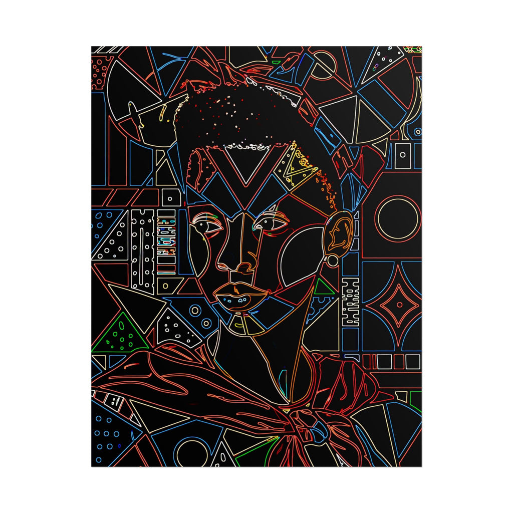 Neon Line Art Portrait Poster — Afro Futurism Geometric Wall Art (Rolled)