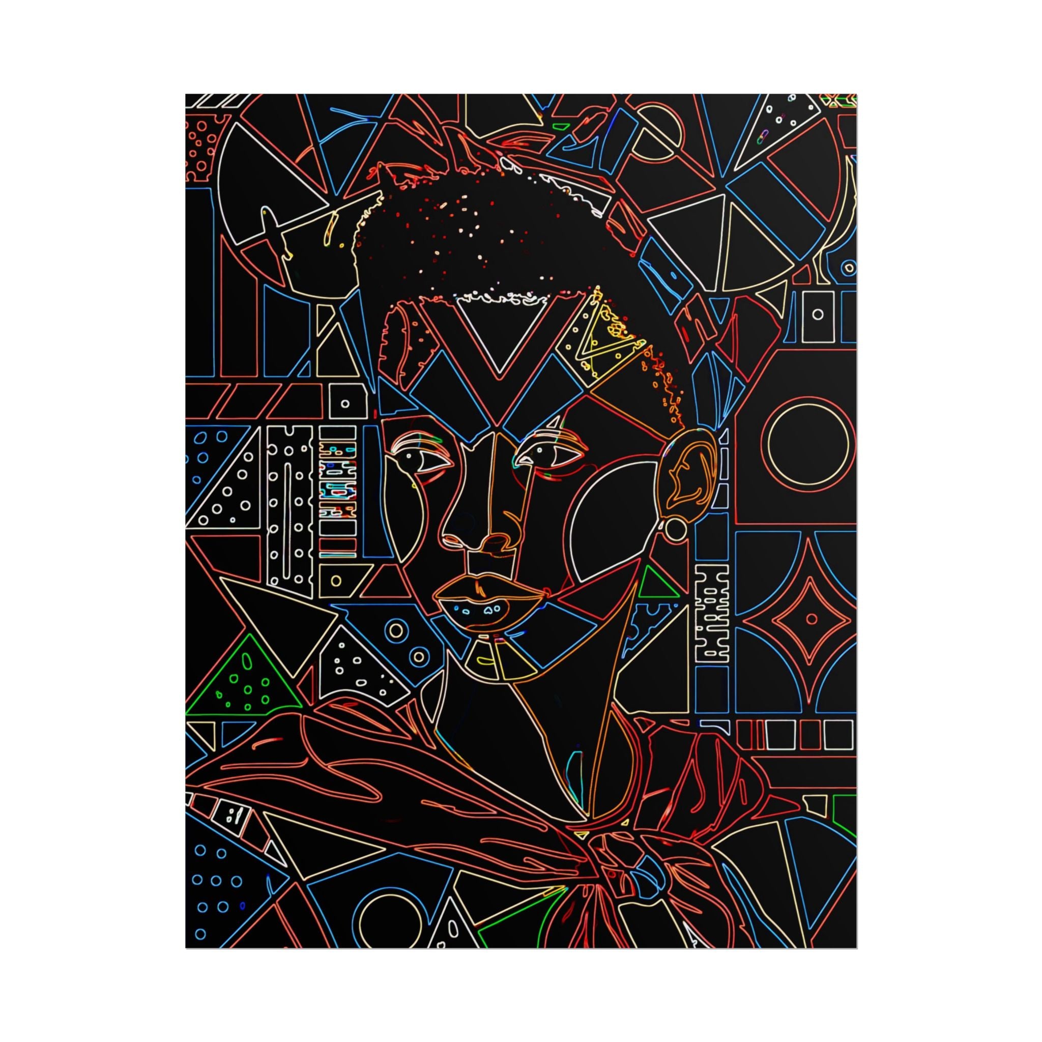 Neon Line Art Portrait Poster — Afro Futurism Geometric Wall Art (Rolled)