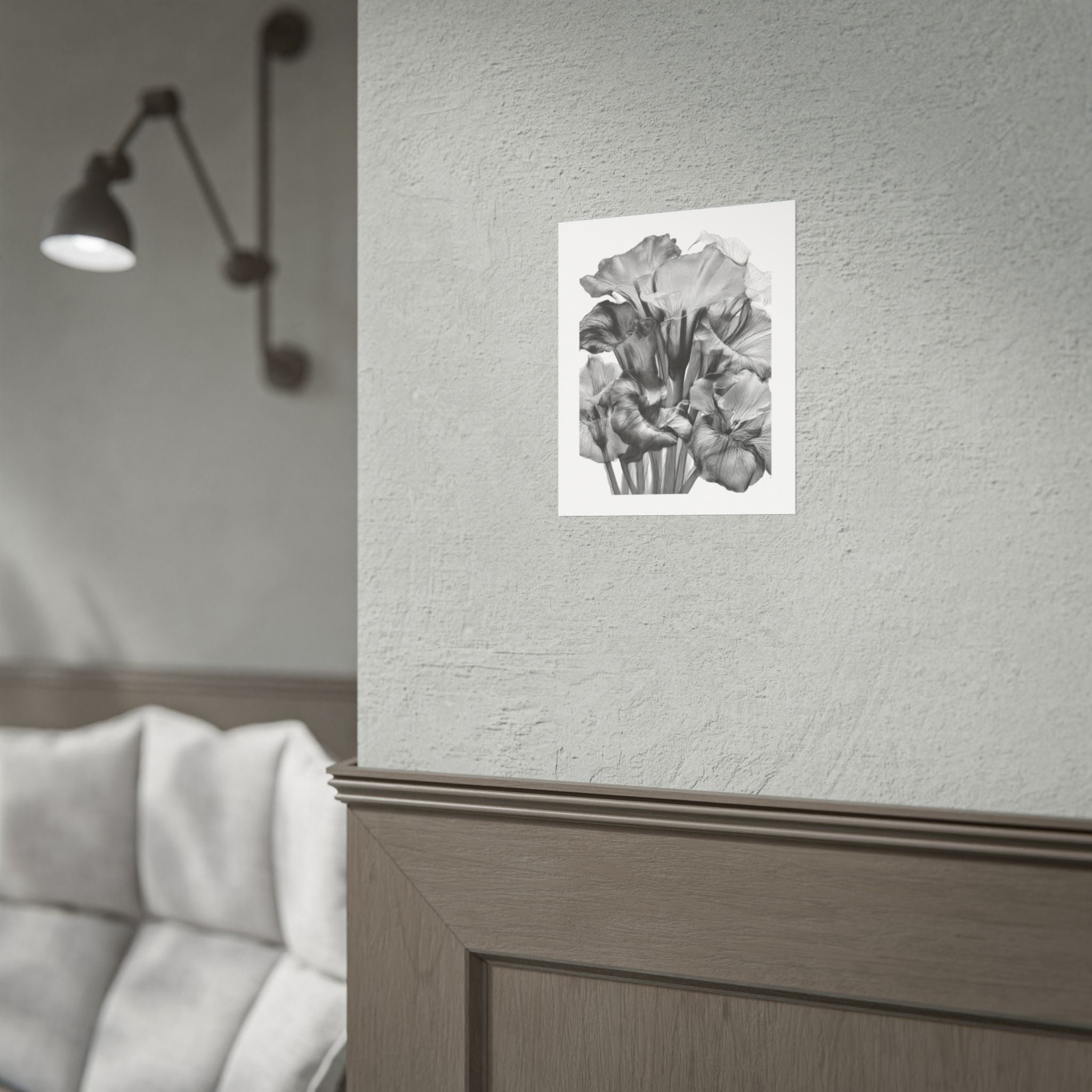 Black & White Iris Botanical Poster — Monochrome Floral Wall Art (Rolled Poster)