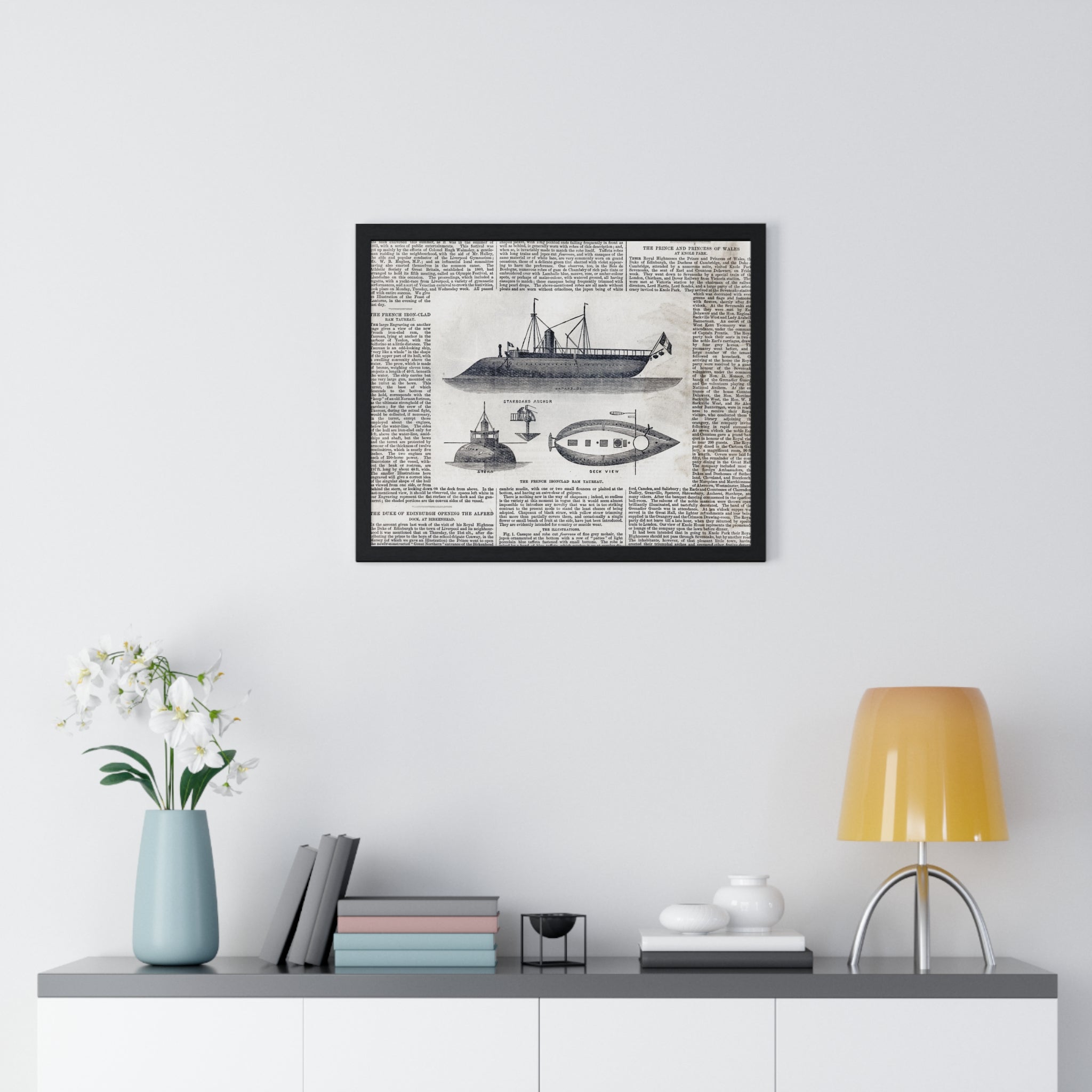 Framed Nautical Patent Poster — Vintage Submarine & Ship Illustration