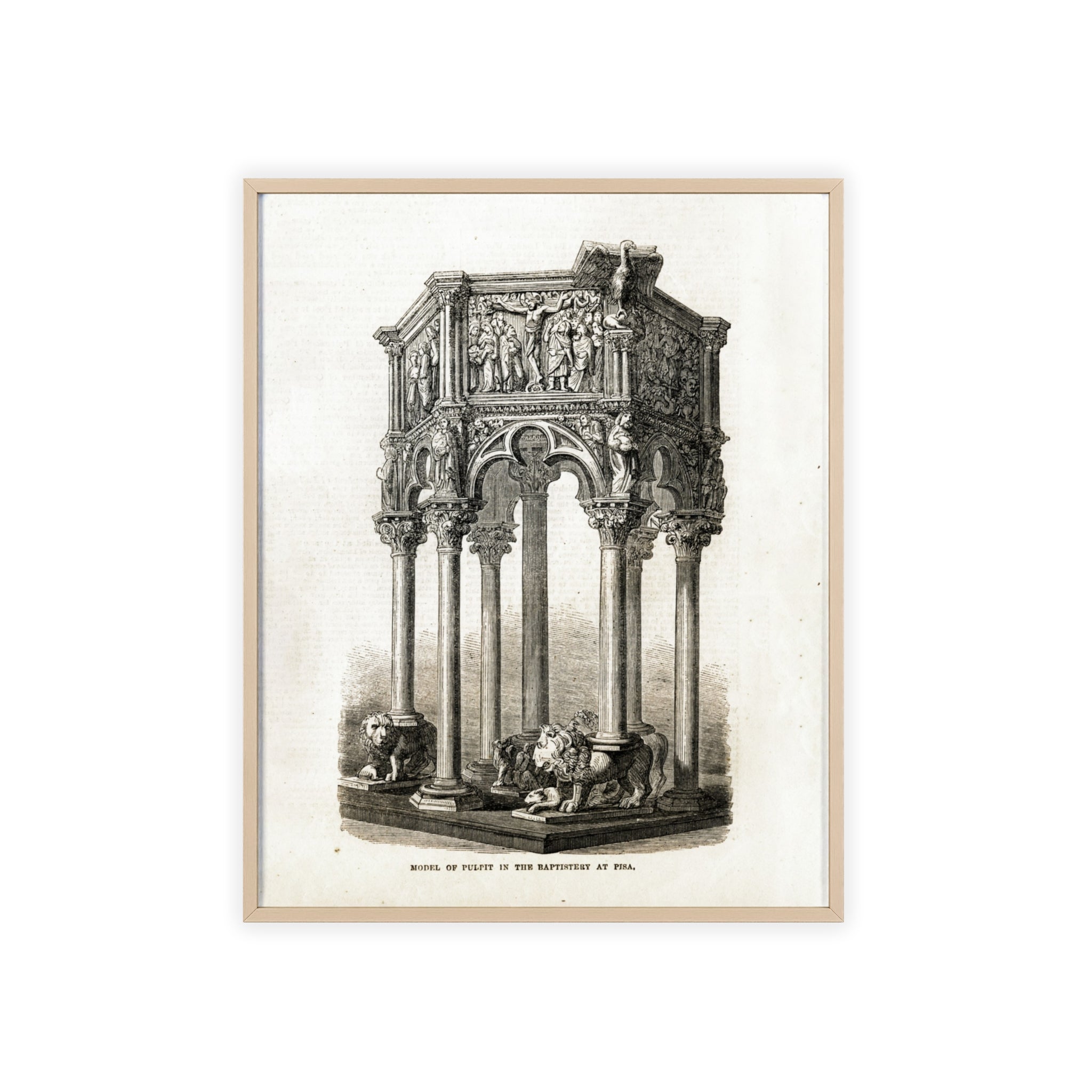 Model of Pulpit in the Baptistery at PISA. Antique Architectural Print Poster — Gothic Baptistery Illustration in Wooden Frame