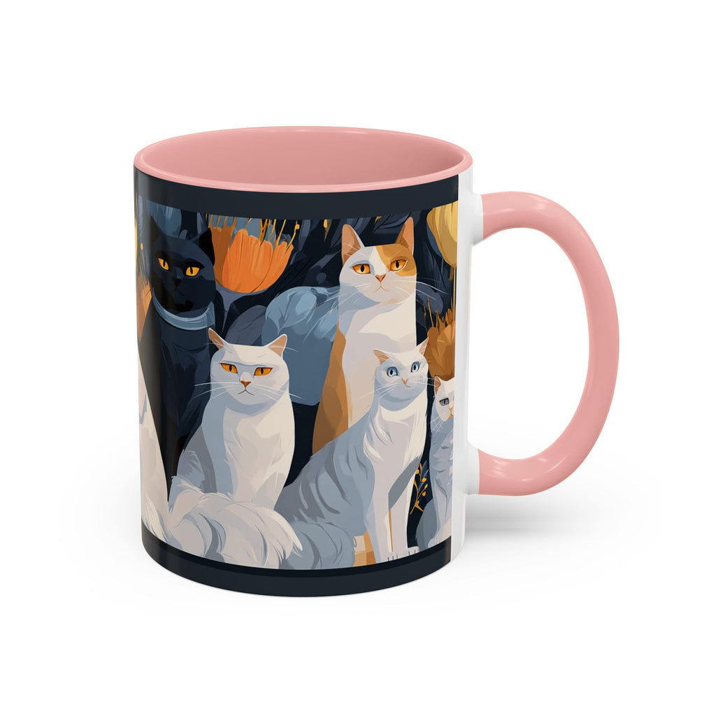 Cat Pattern Accent Coffee Mug — Illustrated Cats Floral Night Design (11/15oz)