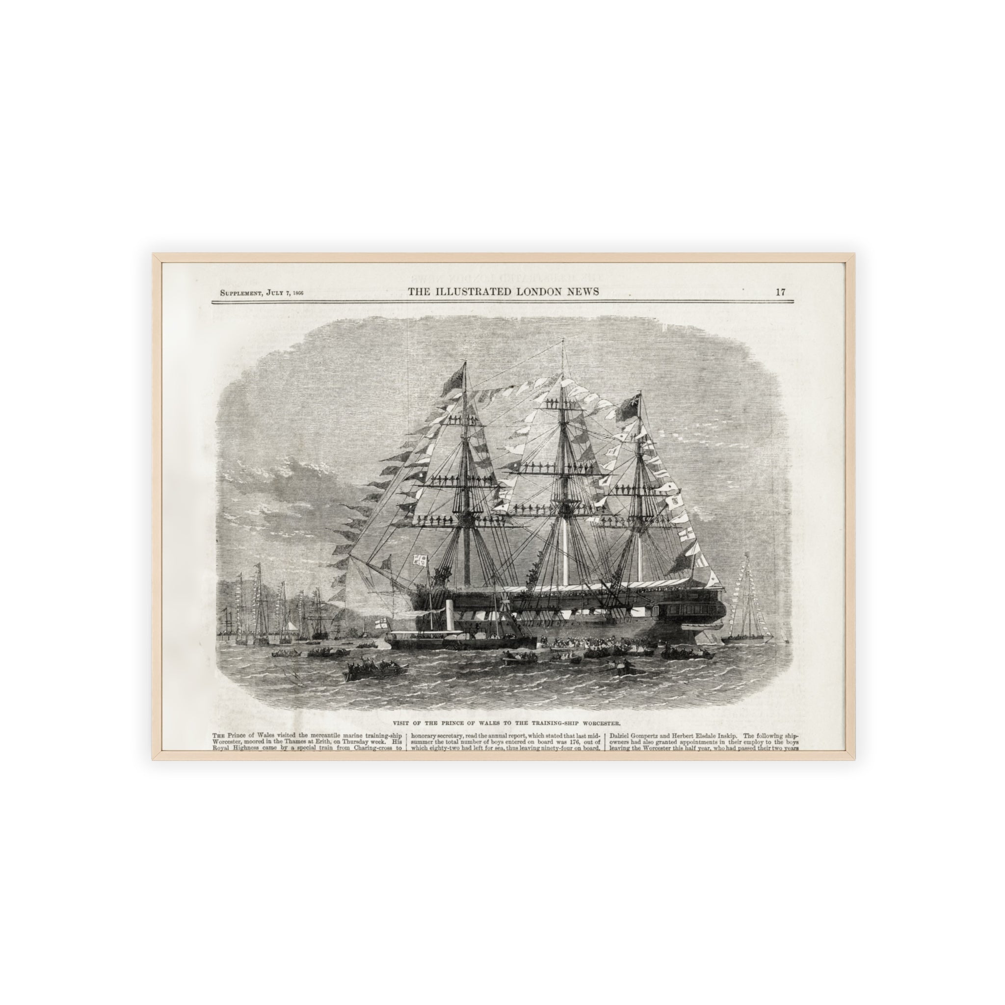 Visit of the Prince of Wales to the Training-Ship Worcester. Framed Vintage Sailing Ship Poster — Nautical Wall Art with Wooden Frame