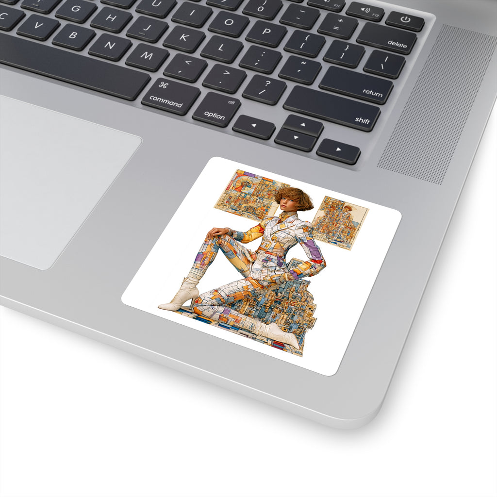 Retro Futurist Collage Square Sticker — Vintage Fashion Tech Art