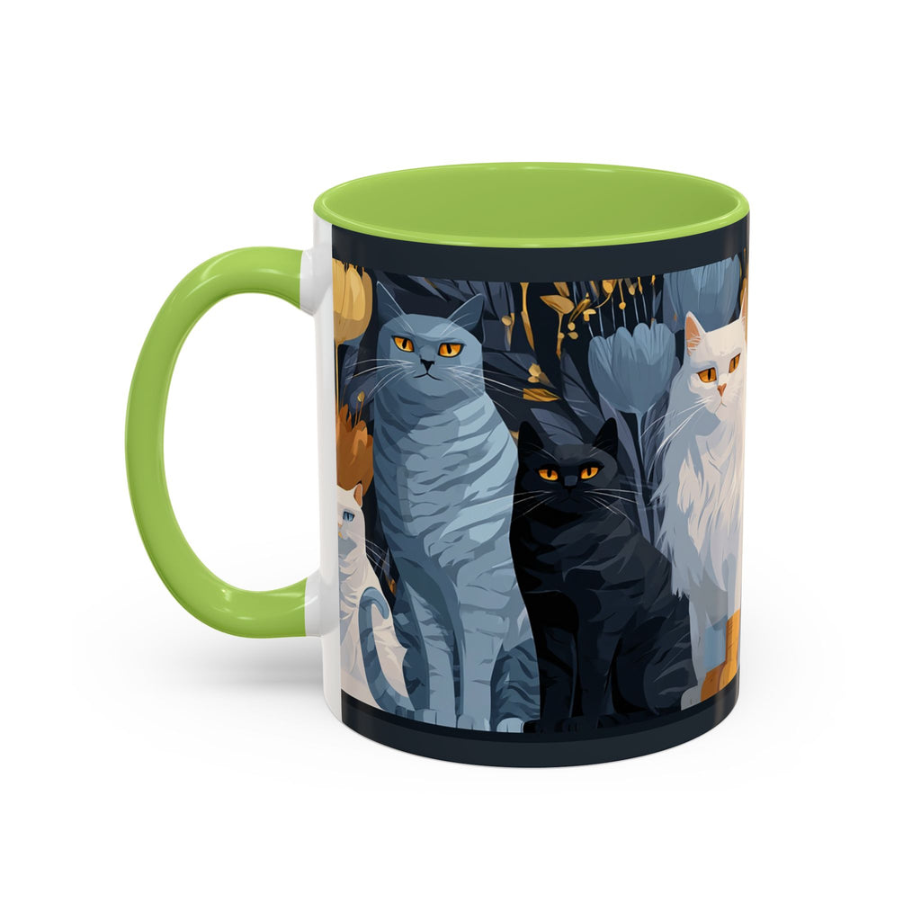 Cat Pattern Accent Coffee Mug — Illustrated Cats Floral Night Design (11/15oz)